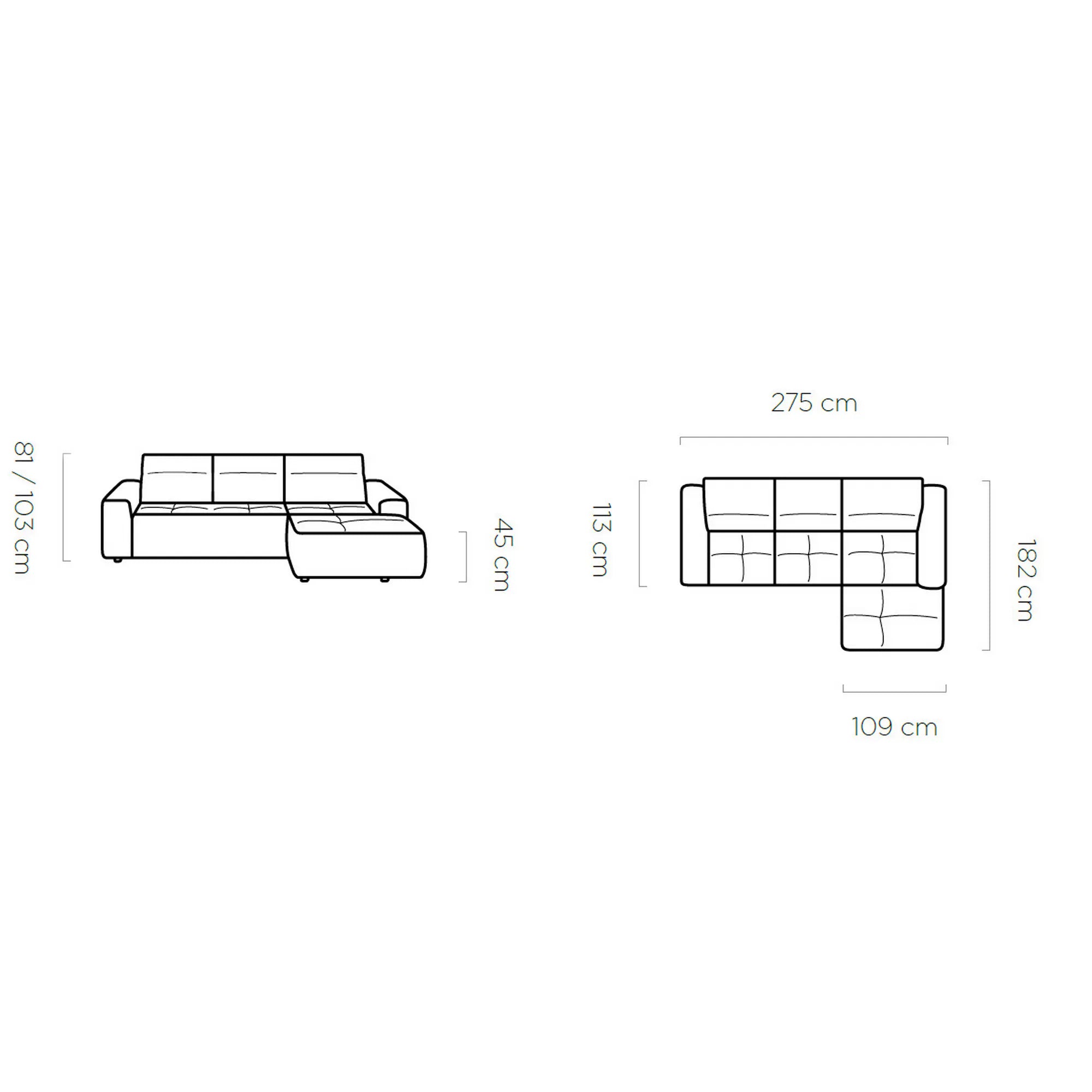 Coltar COLOMBO MINI, sezlong stanga, stofa catifelata maro deschis - Palladium 4, Gama Premium, cu reglaj electric, tetiere reglabile si lada depozitare, 275x182x103 cm