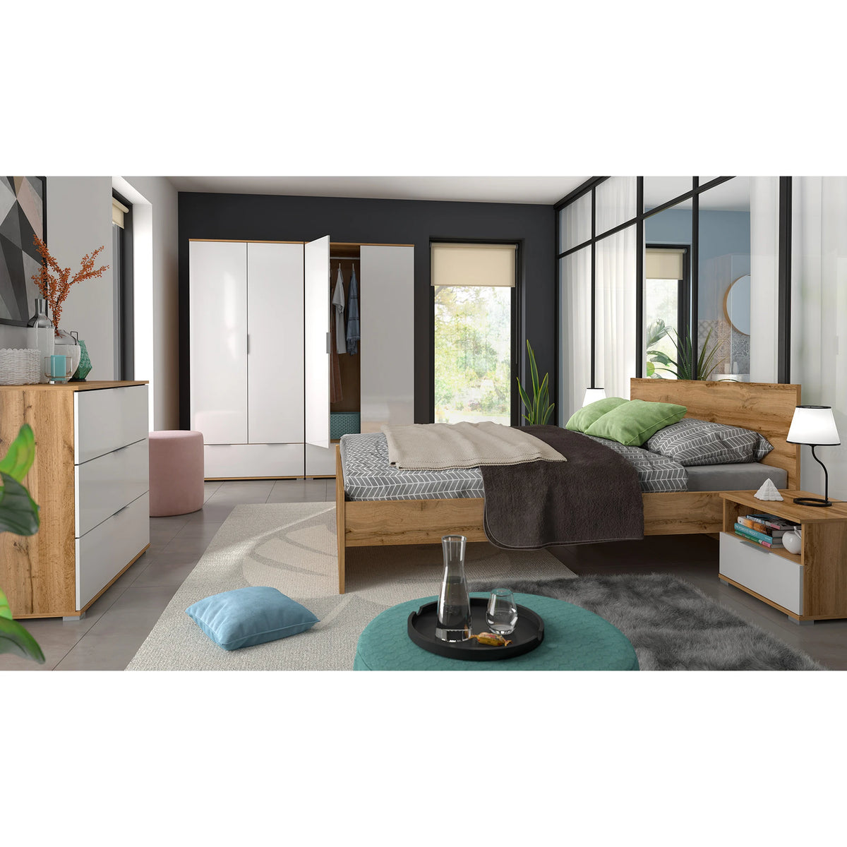 Set dormitor ZELE 3, stejar wotan/alb, pat 160x200, 2 dulapuri, 2 noptiere si comoda