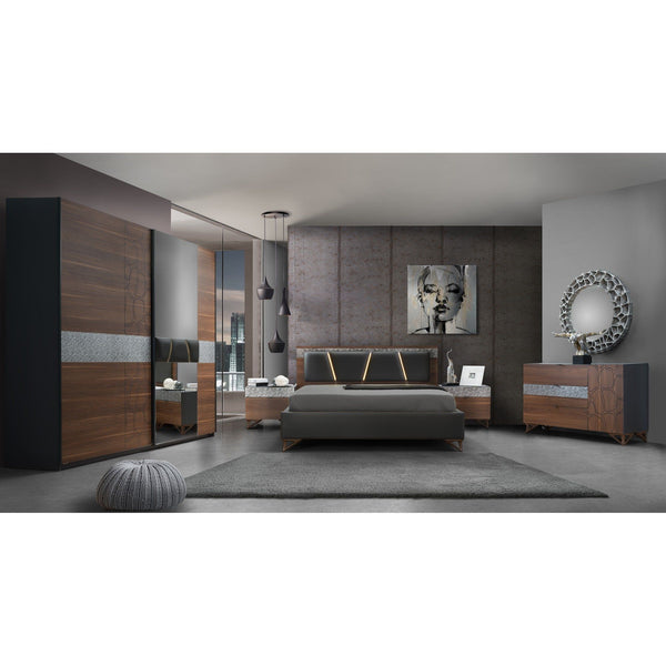 Set dormitor MERCURY, nuc inchis/negru, pat 160x200 cm cu somiera fixa, dulap, 2 noptiere, comoda, oglinda, iluminare LED