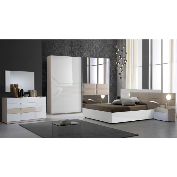 Set dormitor SVETLANA, alb/cappuccino, pat 160x200 cm cu somiera fixa, dulap cu 2 usi culisante, 2 noptiere, comoda cu oglinda