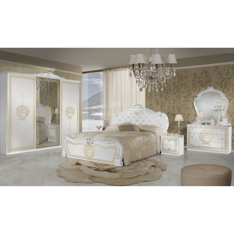 Set dormitor VILMA, alb/auriu, pat 160x200 cm cu somiera fixa, dulap, 2 noptiere, comoda cu oglinda