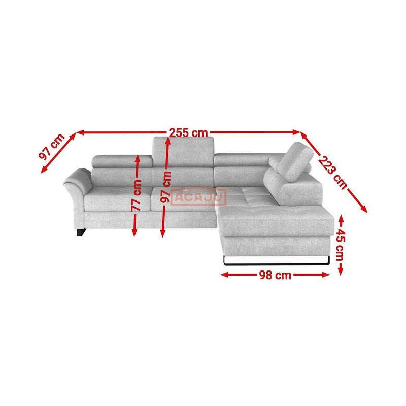 Coltar AVANTI, sezlong stanga, stofa gri - Austin 18, 255x223x77/97 cm, extensibil, lada depozitare, tetiere reglabile