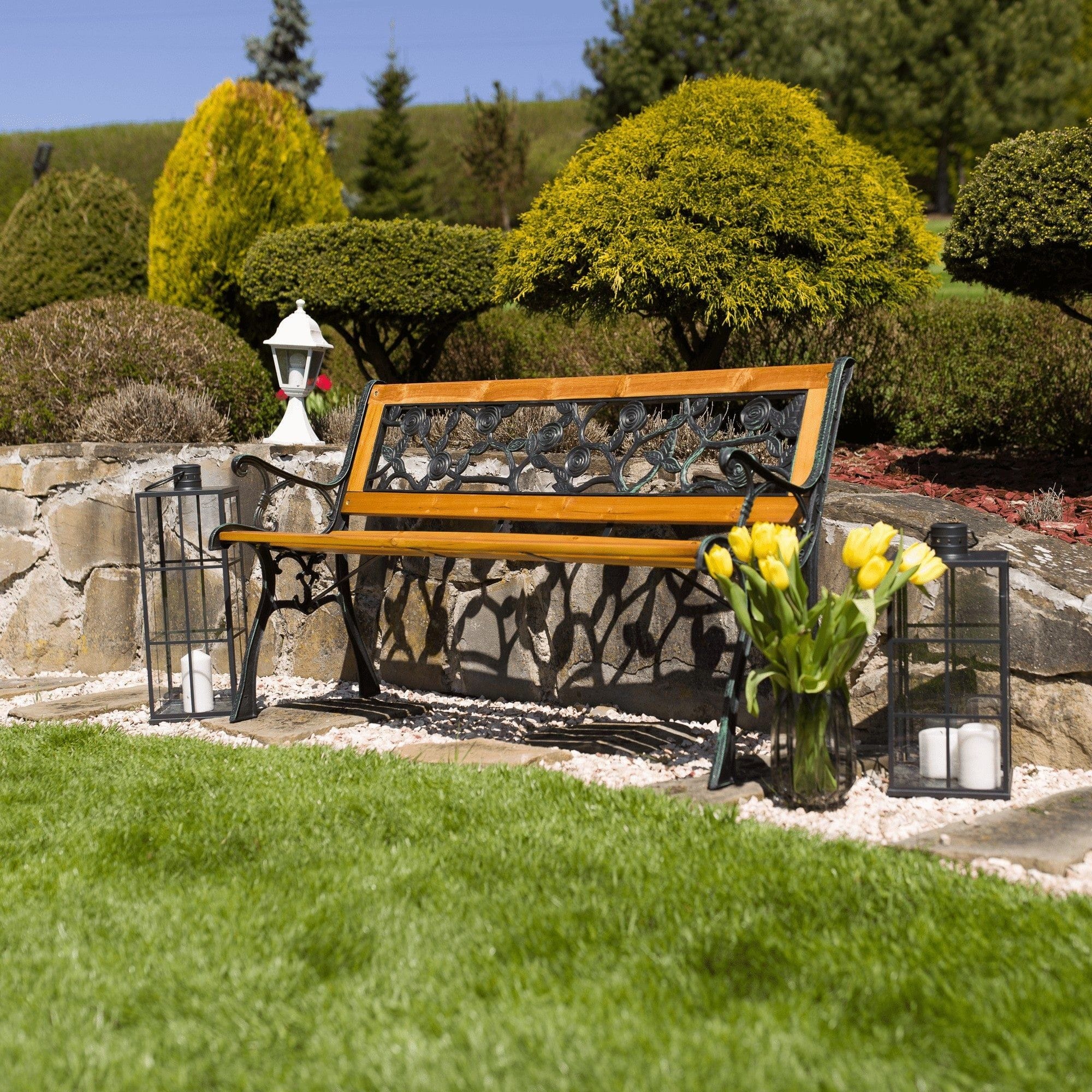 Banca gradina FAIZA, negru/nuc, metal/lemn, 126x52x73 cm