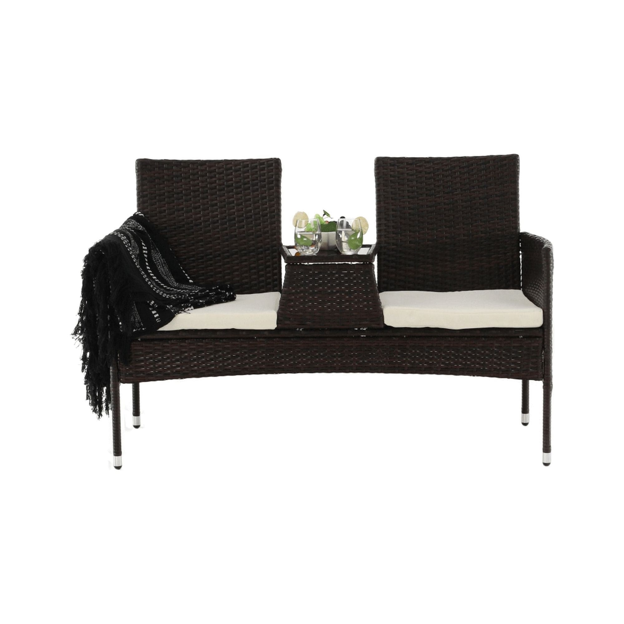 Banca gradina LALIT, maro/crem, ratan artificial/metal, 131x60x82 cm