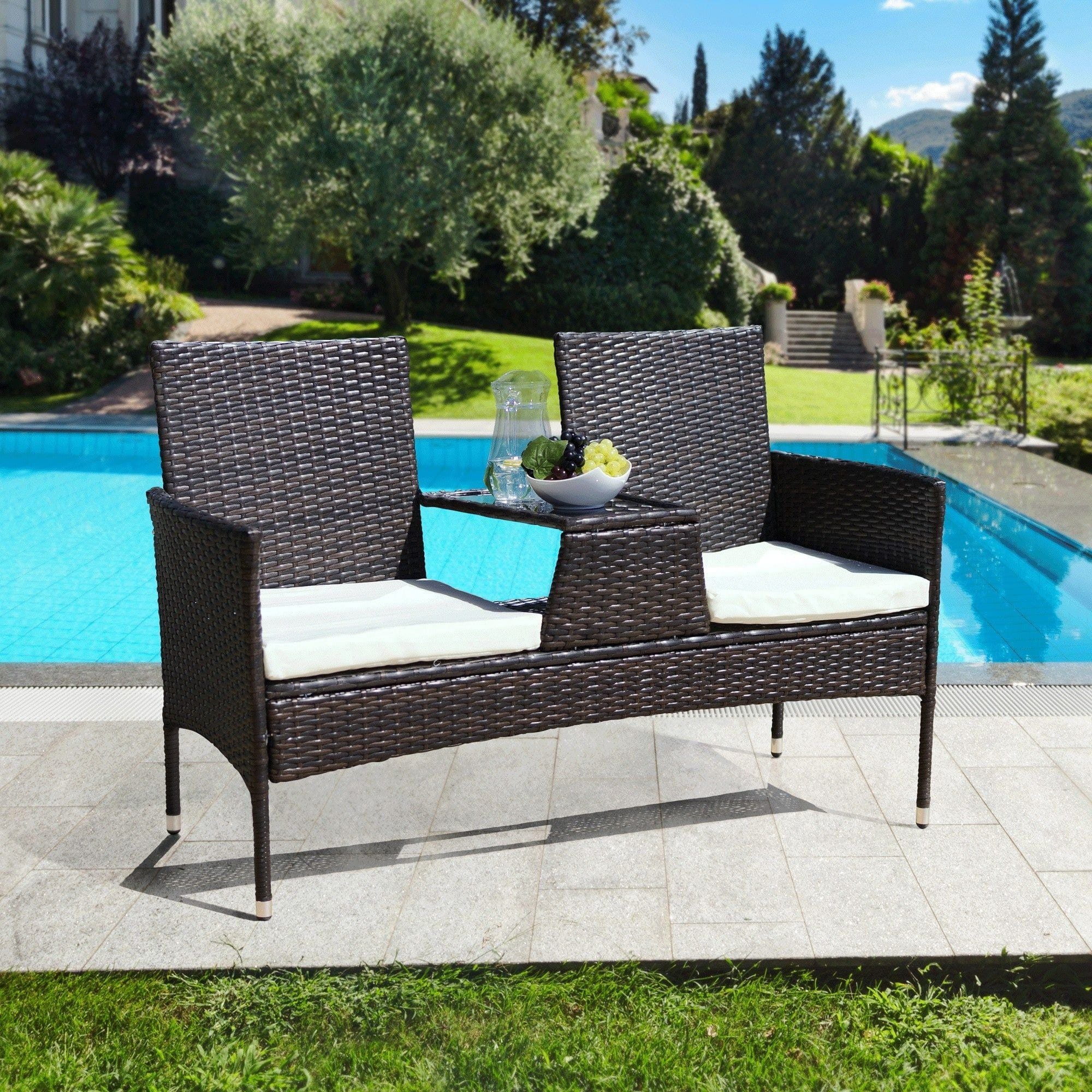 Banca gradina LALIT, maro/crem, ratan artificial/metal, 131x60x82 cm