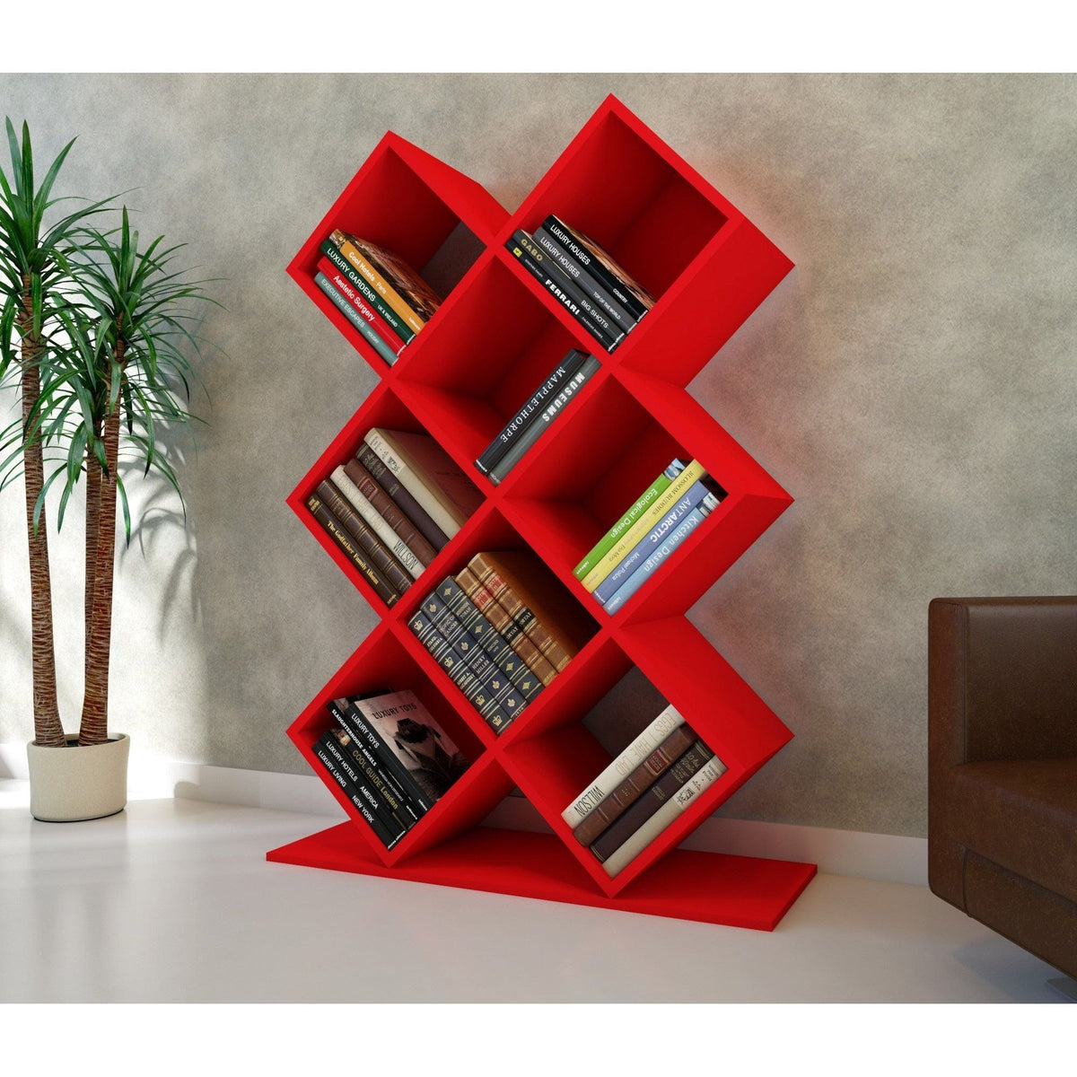 Biblioteca KUMSAL, rosu, PAL melaminat, 90x20x129 cm