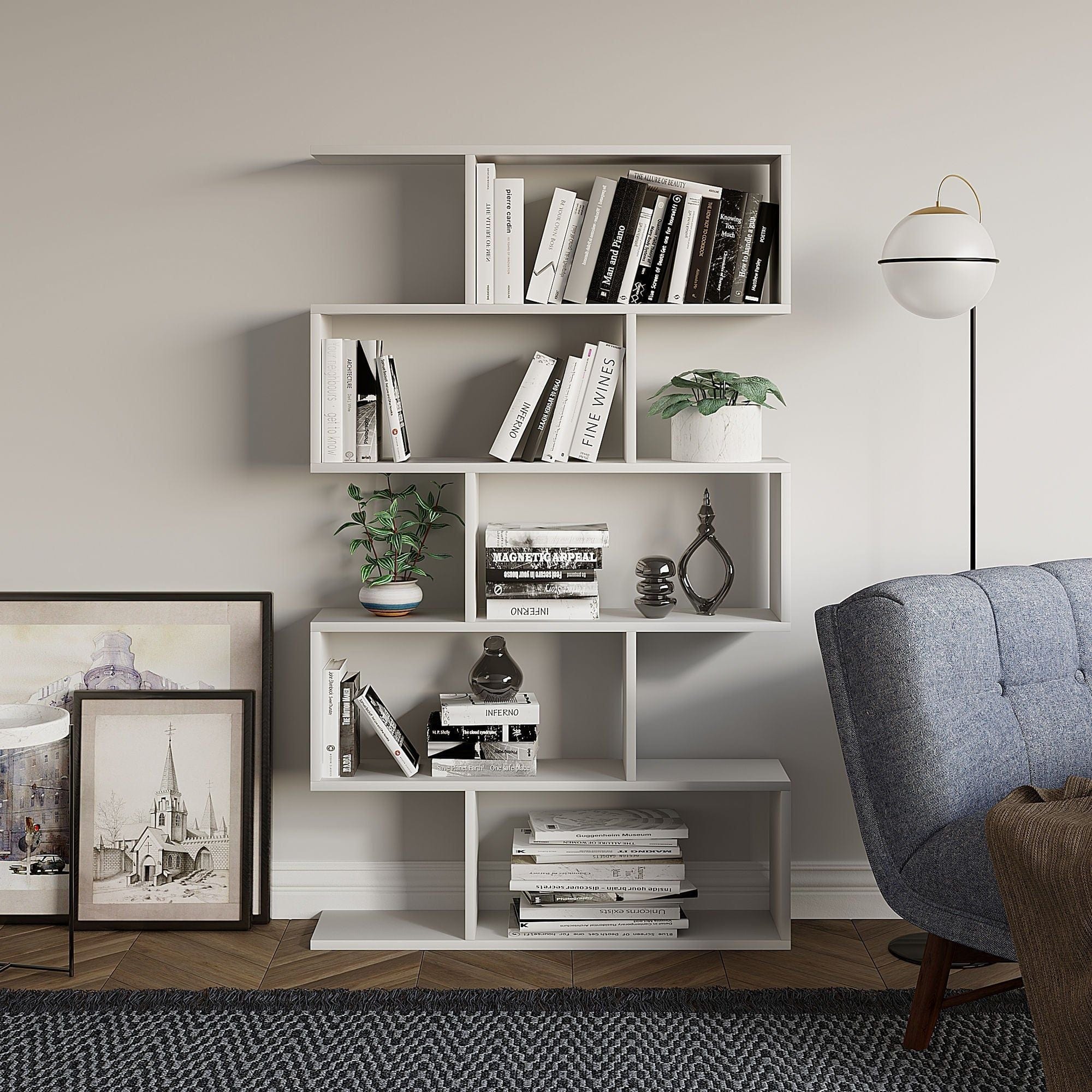 Biblioteca NILUFER, alb, PAL melaminat, 90x20x150 cm