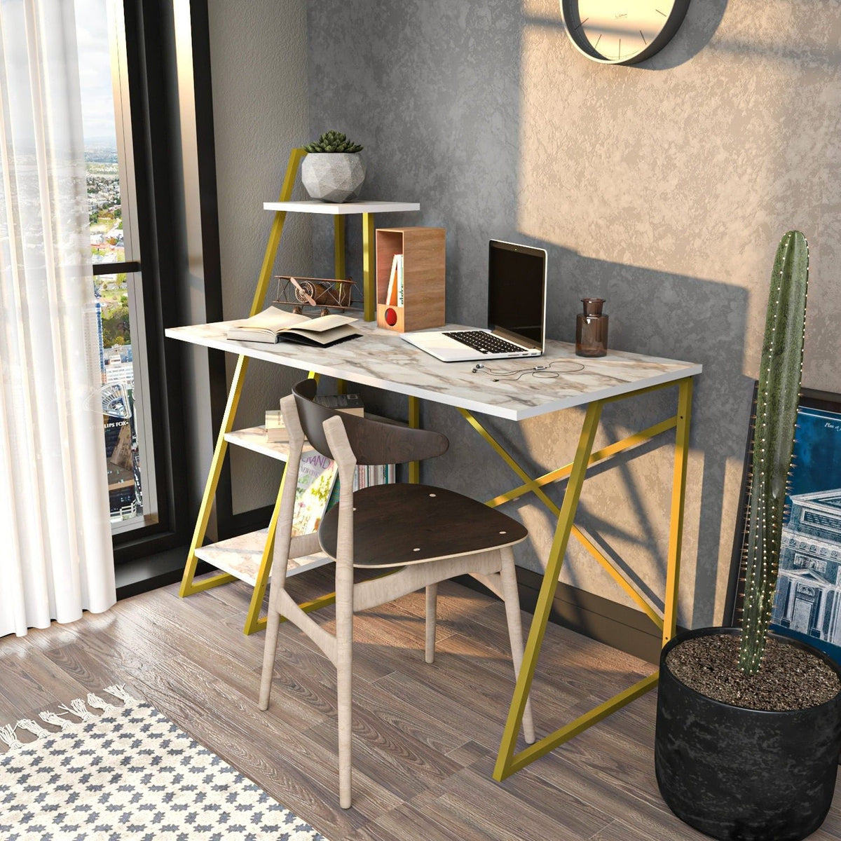 Birou ADMIRA, bej cu efect de marmura/auriu, PAL melaminat/metal, 120x60x120 cm