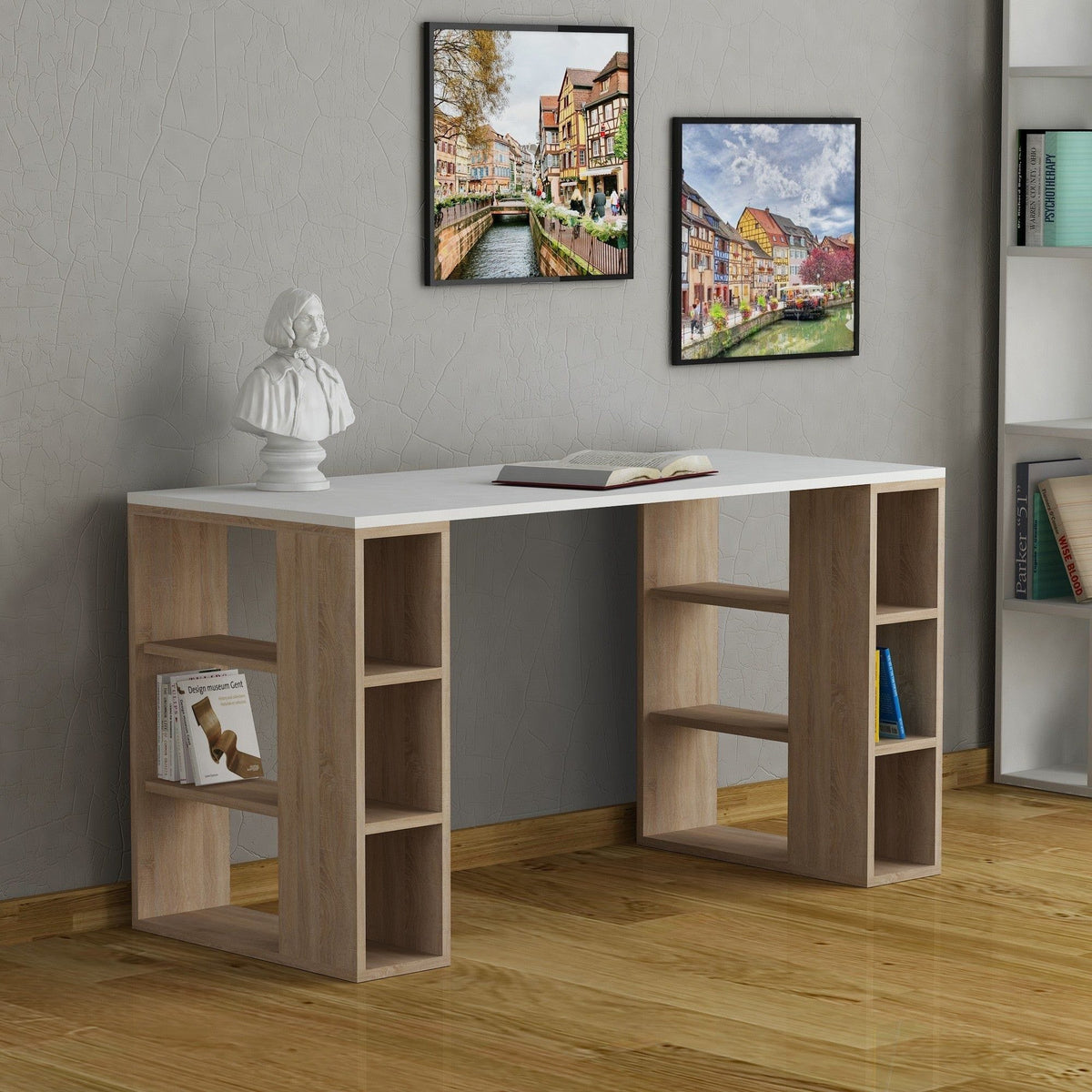 Birou COLMAR, alb/stejar, PAL melaminat, 140x60x75 cm