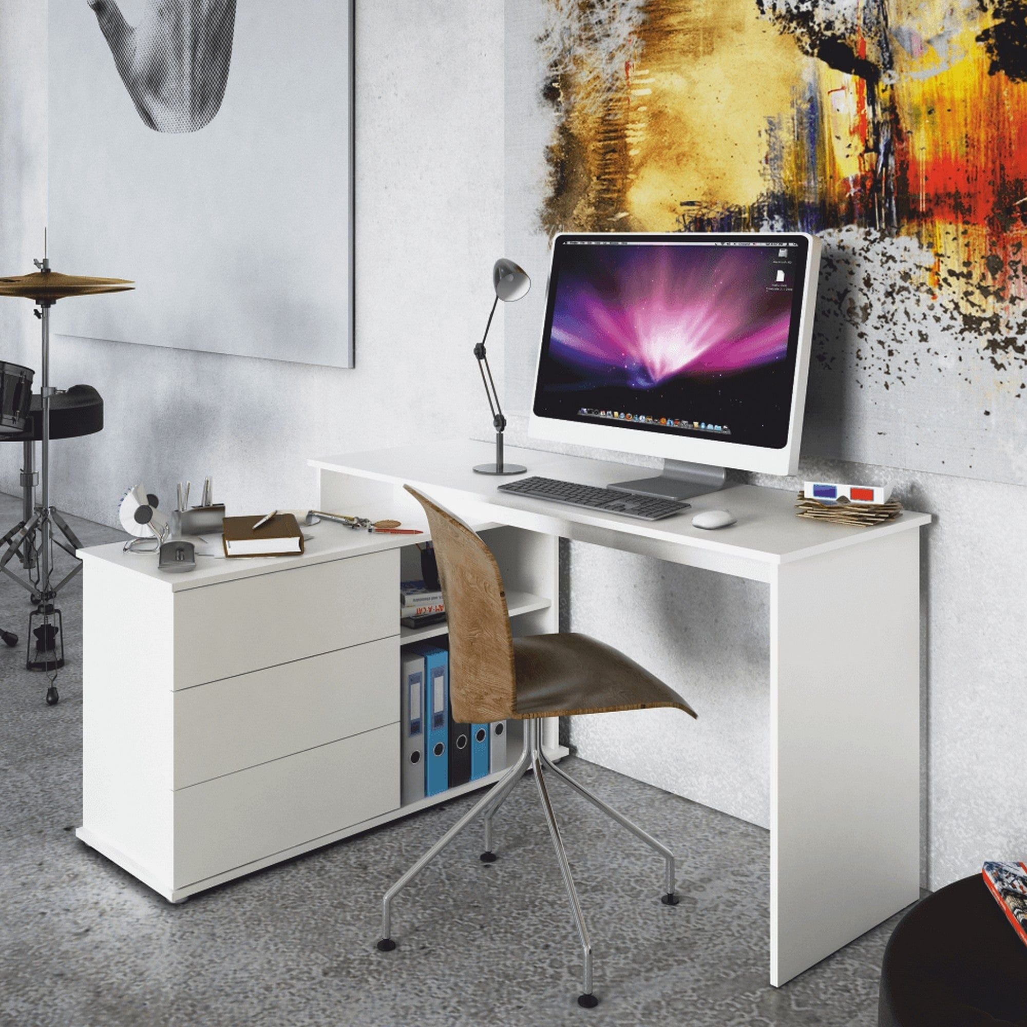 Birou de colt TERINO, alb, PAL laminat, 138x50/110x75 cm