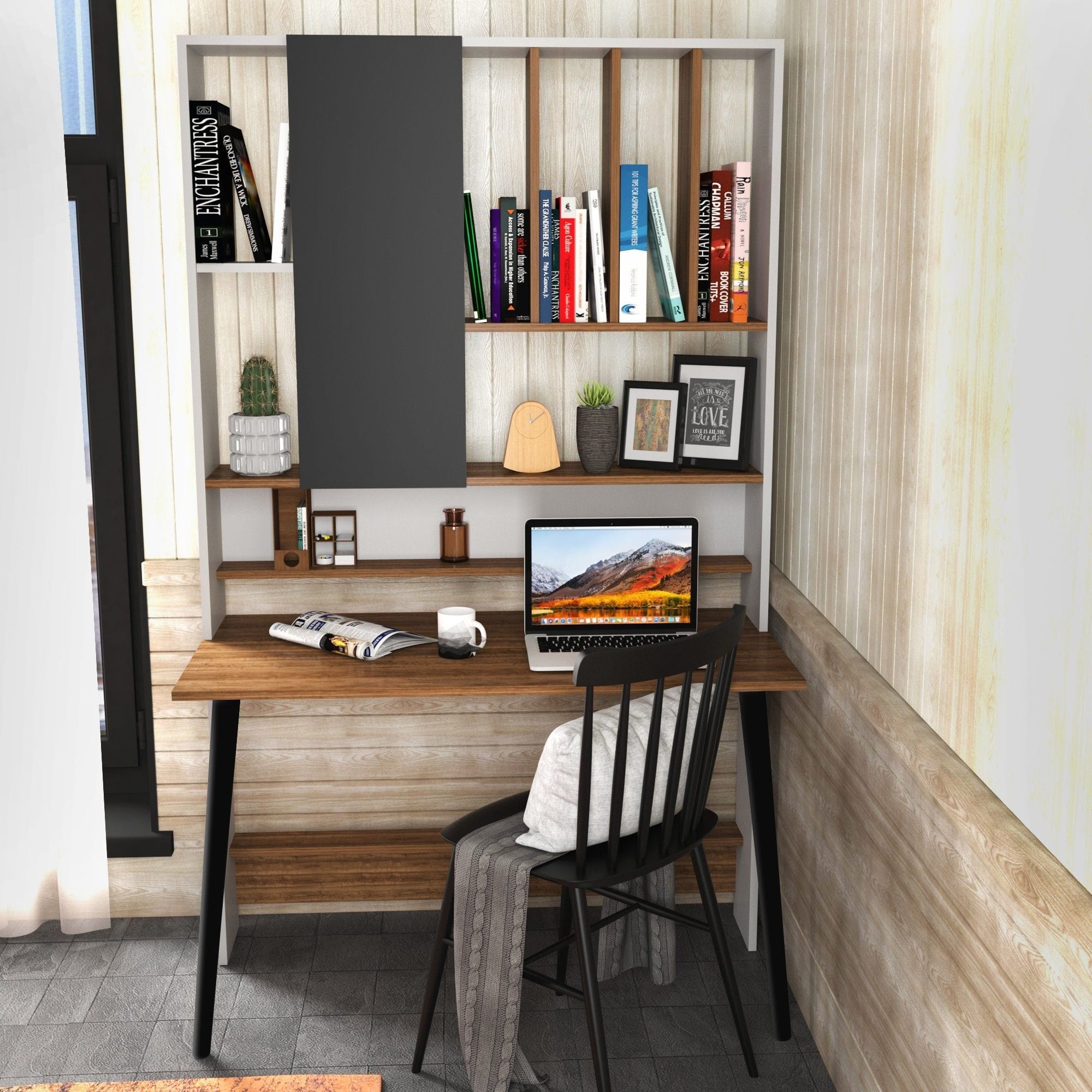 Birou LEMN, nuc/negru, PAL melaminat, 120x60x197 cm