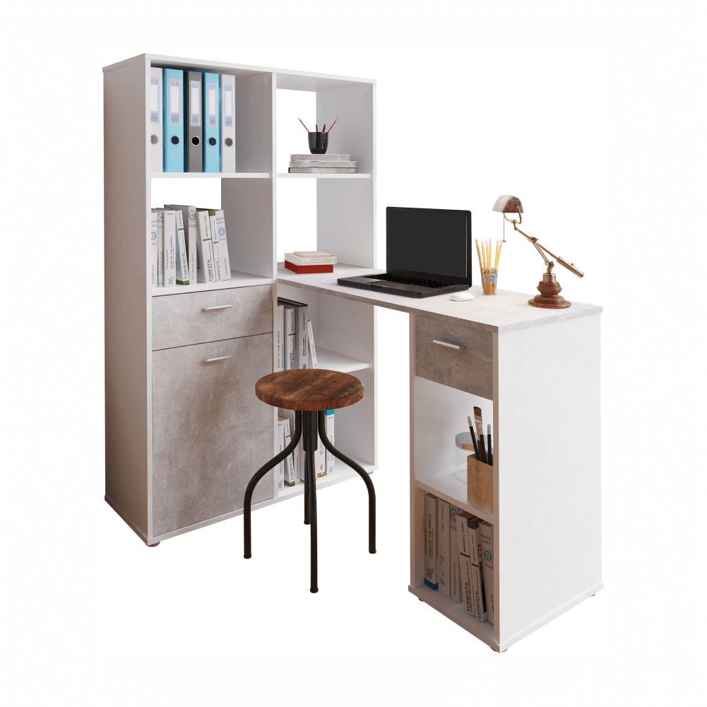 Birou MINESON, alb/gri beton, PAL melaminat, 124x90x145 cm