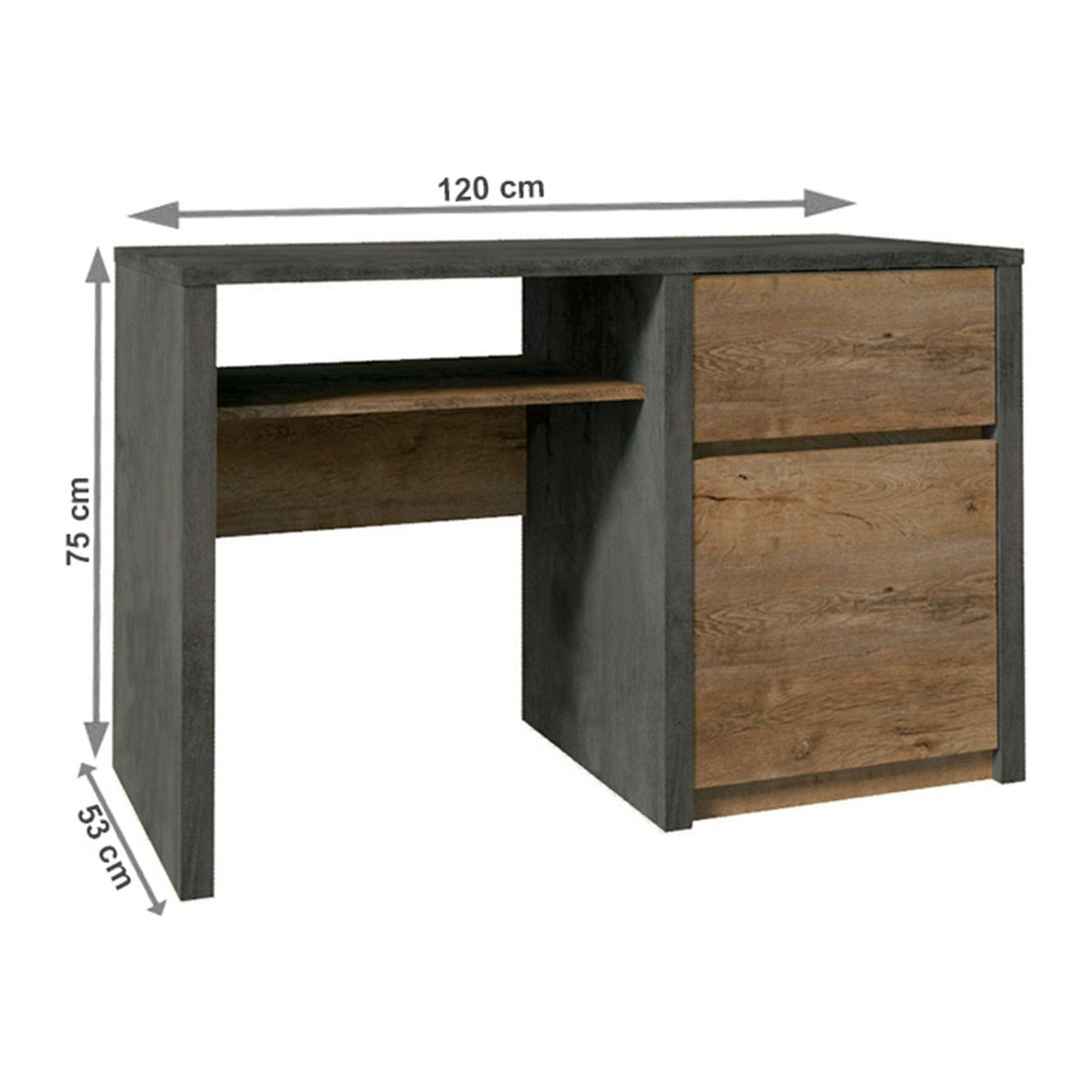 Birou MONTANA B1, gri mat/stejar lefkas inchis, PAL melaminat, 120x53x75 cm