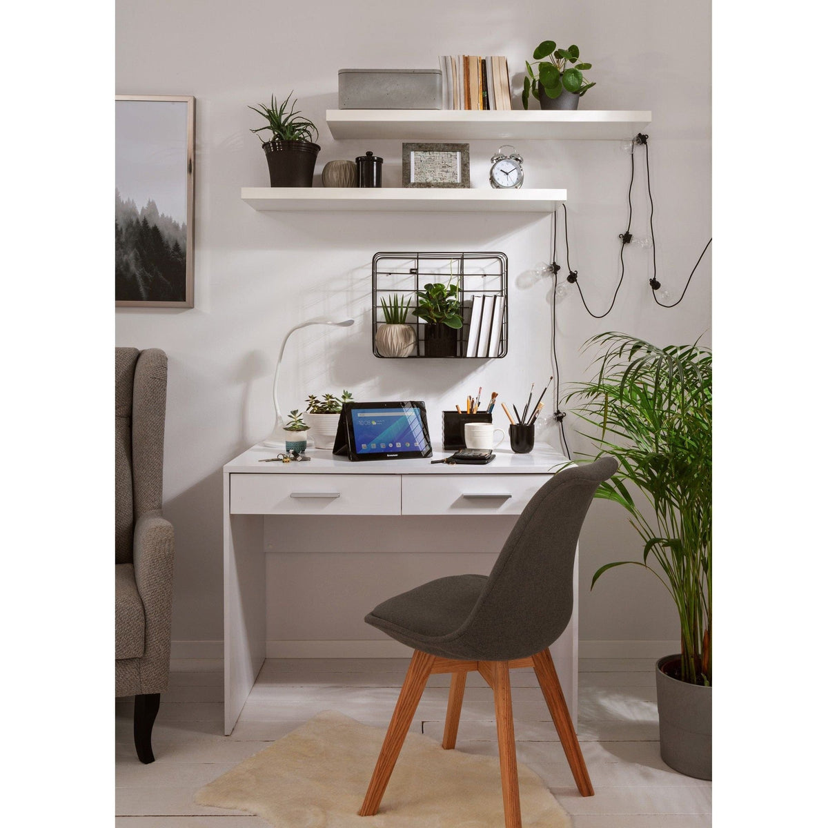 Birou NEPO PLUS, alb, PAL laminat, cu 2 sertare, 100x59x76 cm