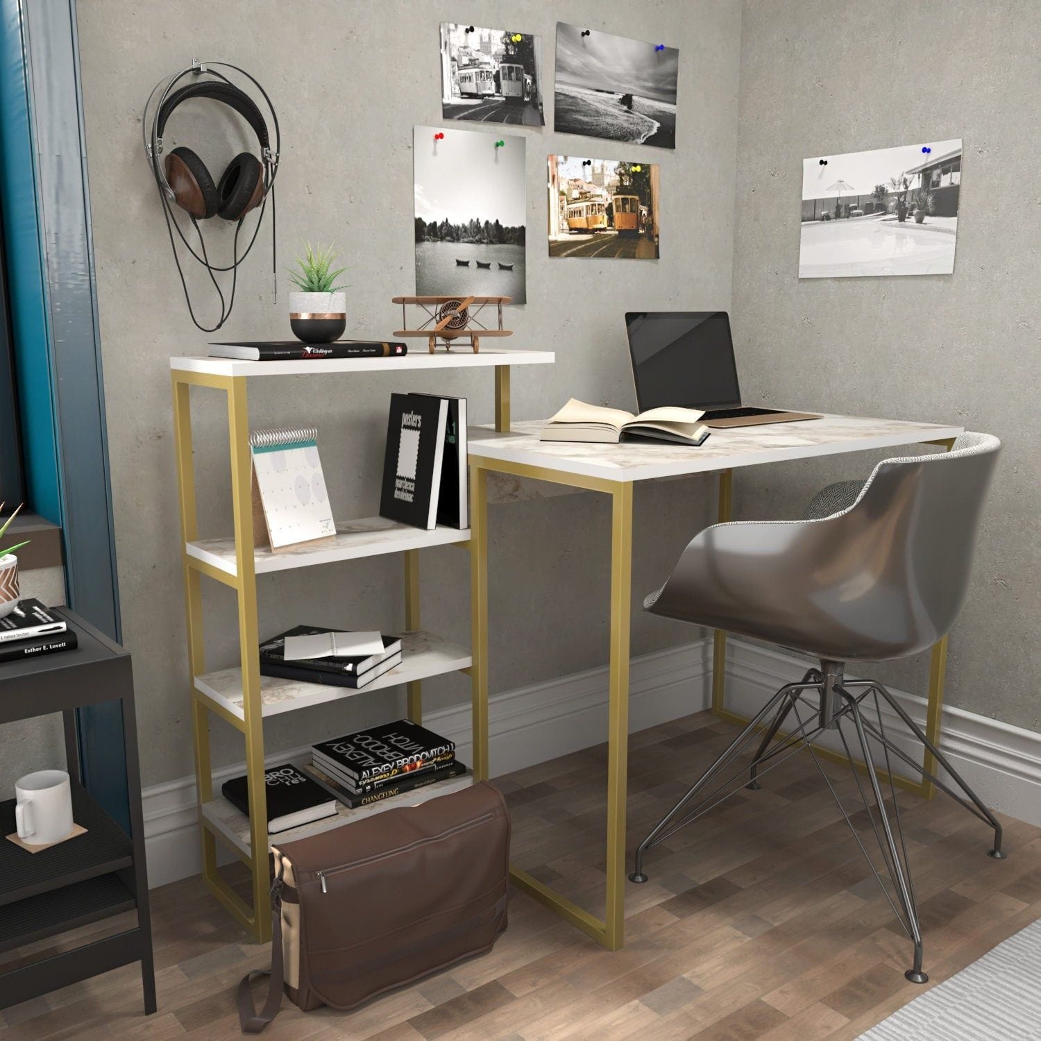 Birou RINO, alb cu efect de marmura/auriu, PAL melaminat/metal, 133x60x77 cm