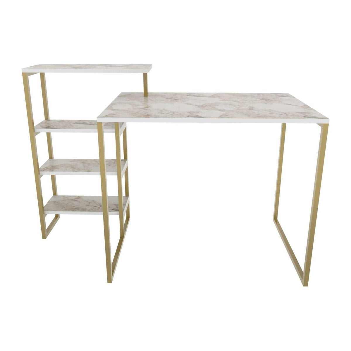 Birou RINO, alb cu efect de marmura/auriu, PAL melaminat/metal, 133x60x77 cm