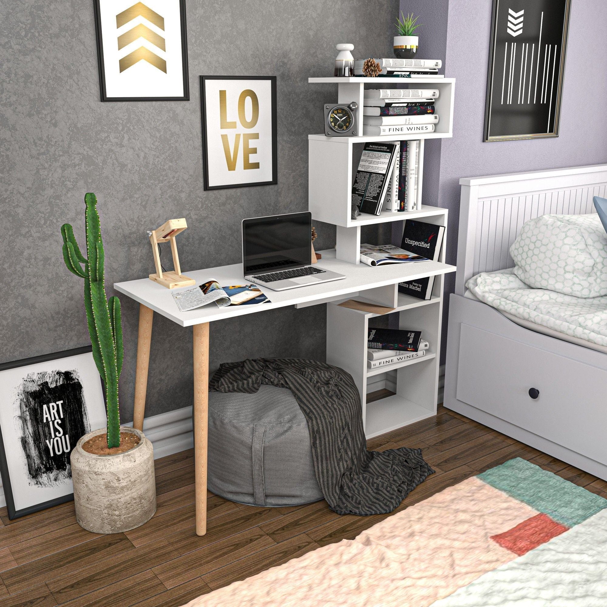 Birou VINA, alb/stejar, PAL melaminat, 133x55x146 cm