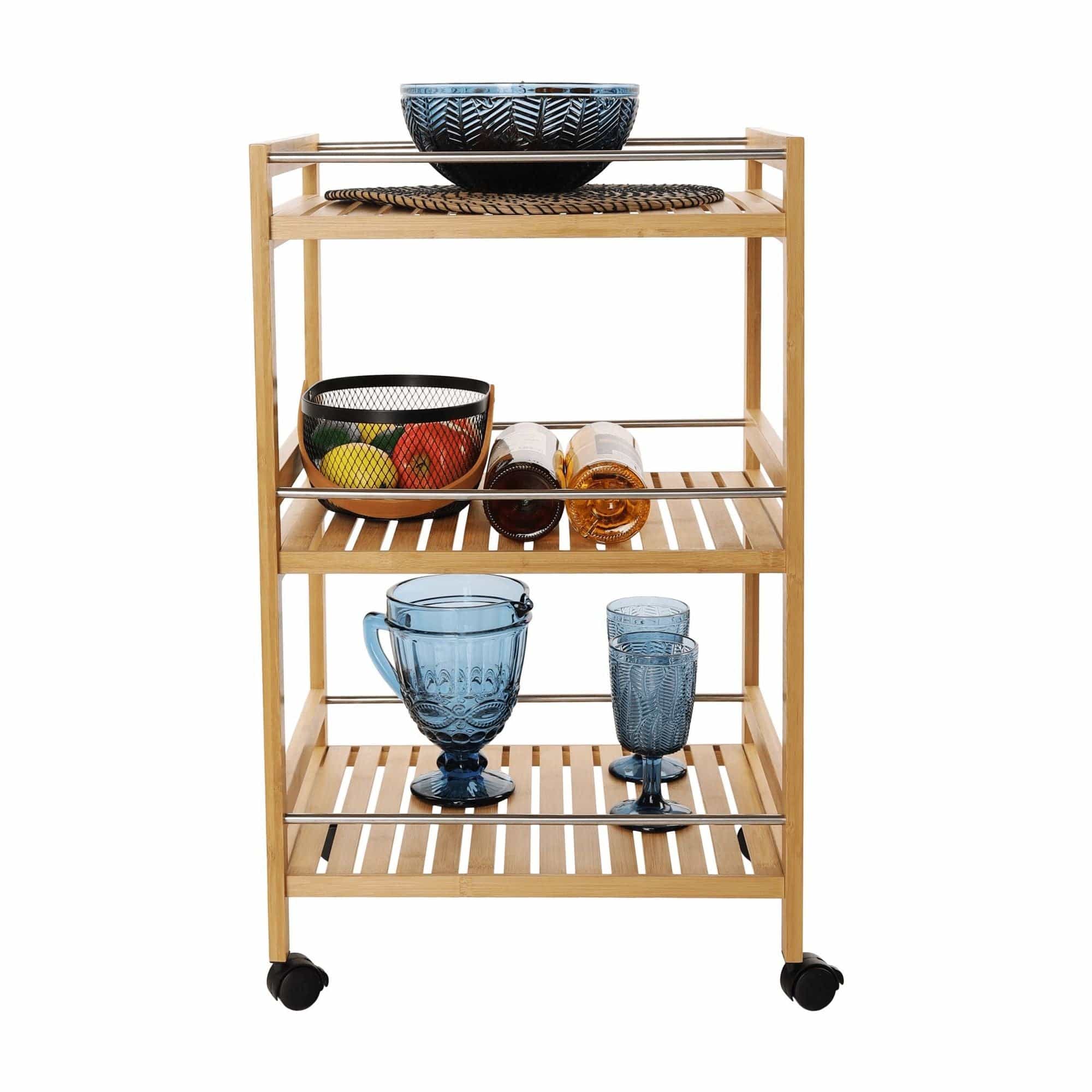 Carucior servire NASHY, stejar/negru, lemn de bambus/otel, 47x38x76 cm