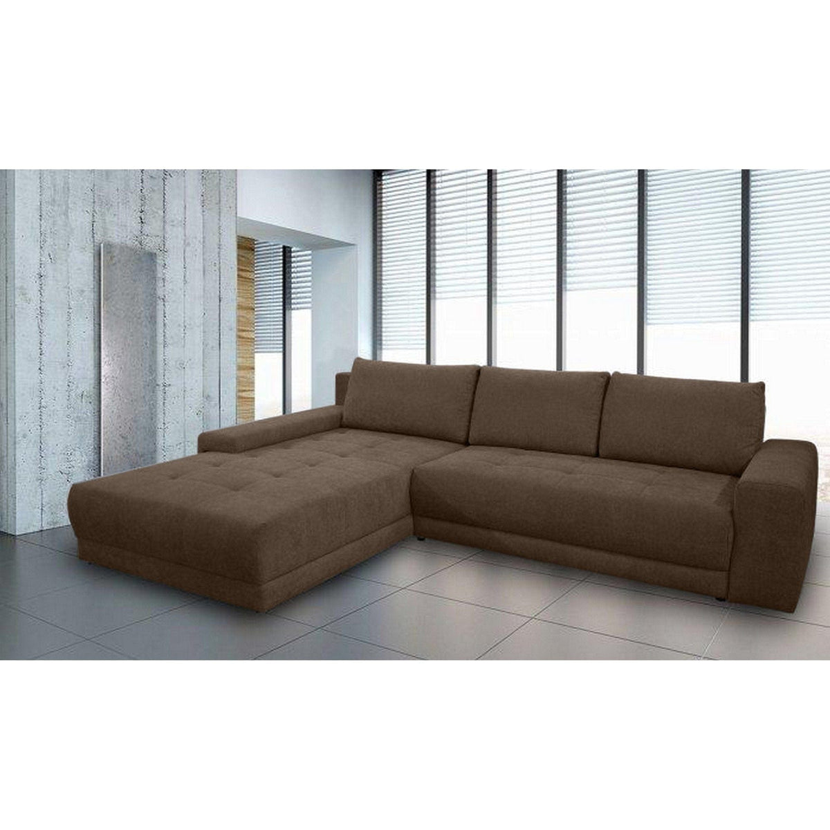 Coltar extensibil ADRIA, universal, stofa catifelata maro - Monolith 15, cu lada depozitare, 314x213x90 cm