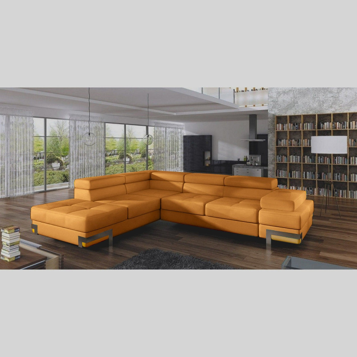 Coltar extensibil EMPORIO L, personalizabil materiale gama Premium, cu lada depozitare si tetiere reglabile, 262x223x90 cm