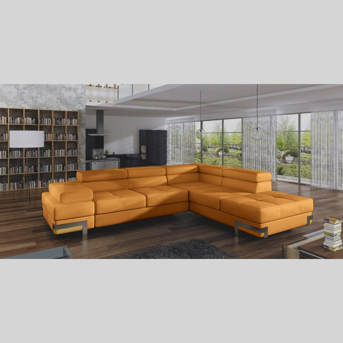 Coltar extensibil EMPORIO L, personalizabil materiale gama Premium, cu lada depozitare si tetiere reglabile, 262x223x90 cm