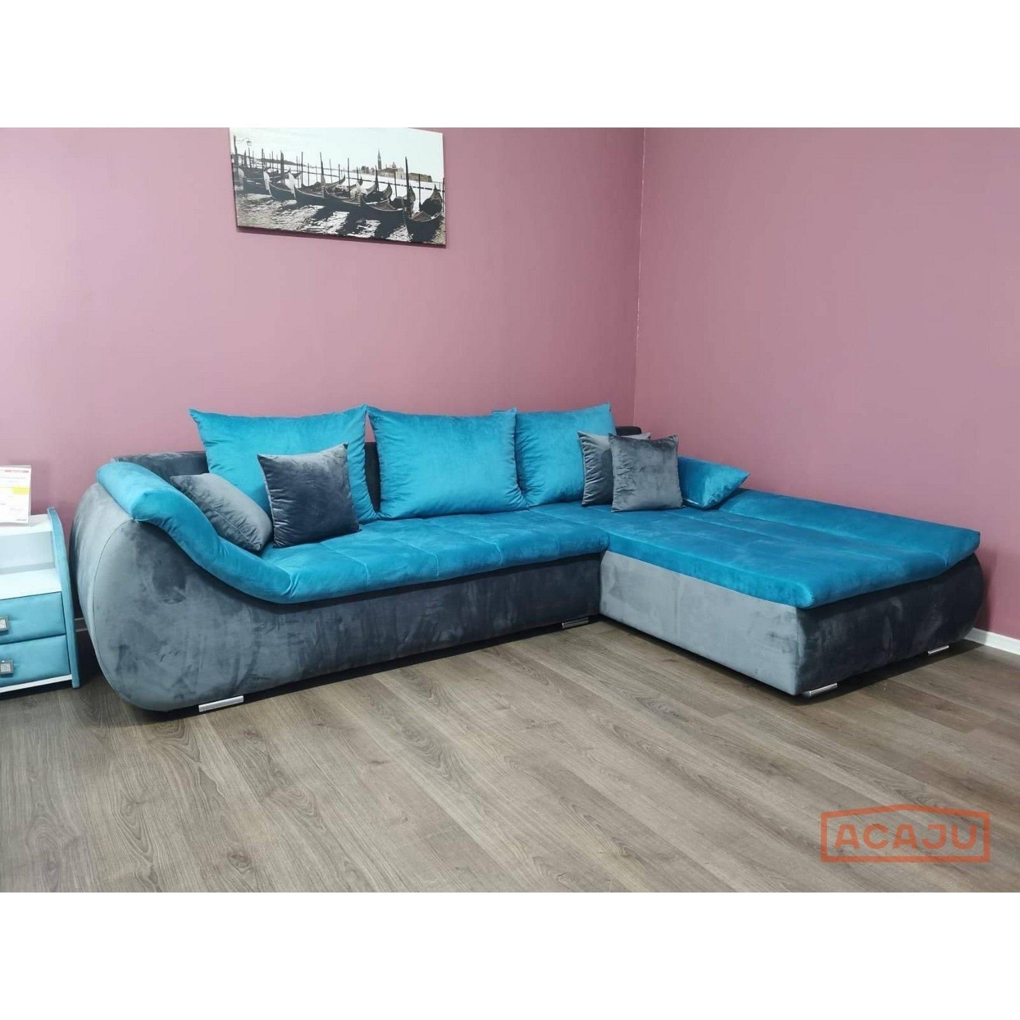 Coltar extensibil ROSARIO - OANA, stofa catifelata turcoaz/gri, 300x200x76 cm