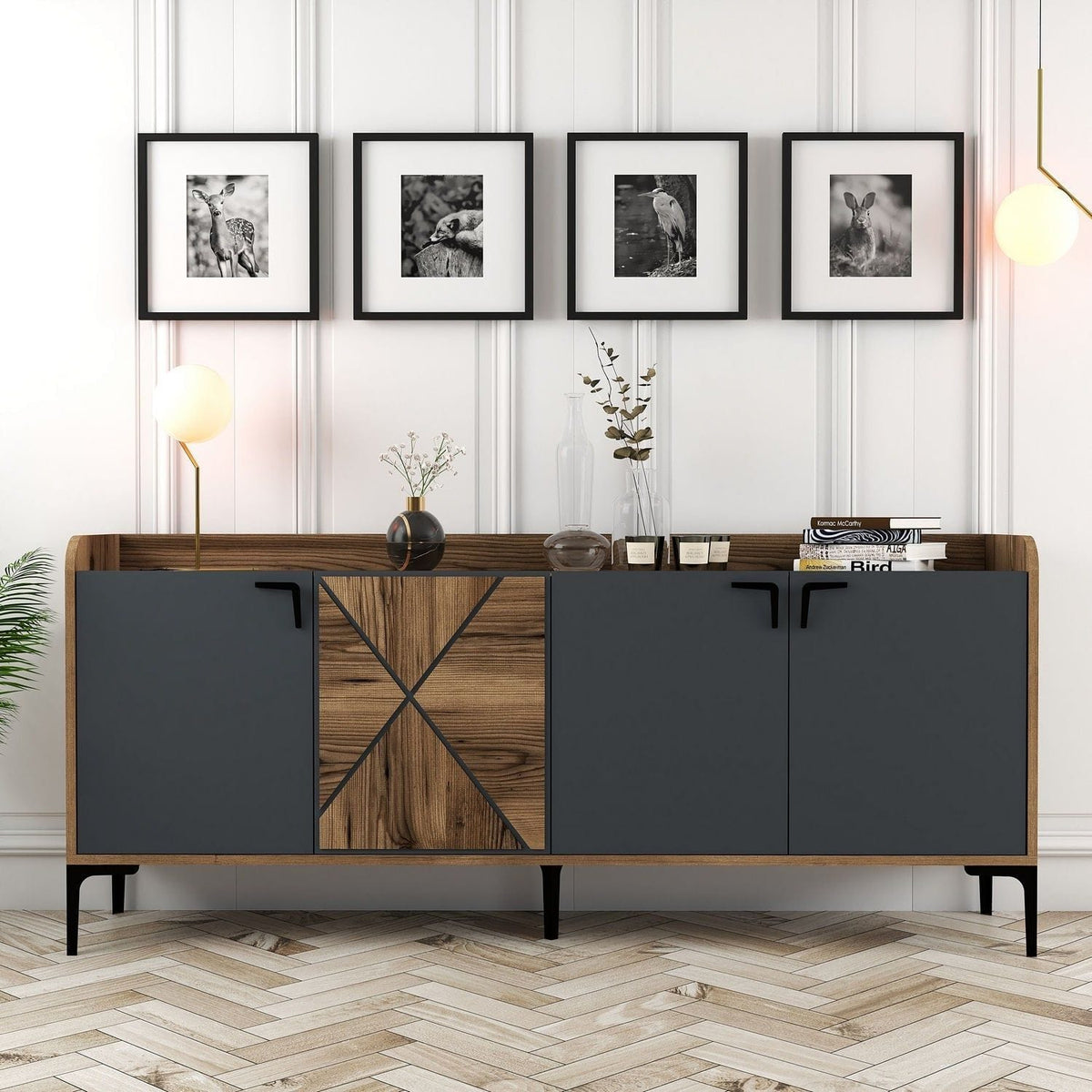 Comoda 3 usi Venedik, din PAL melaminat, nuc/gri antracit, 180x35x78 cm