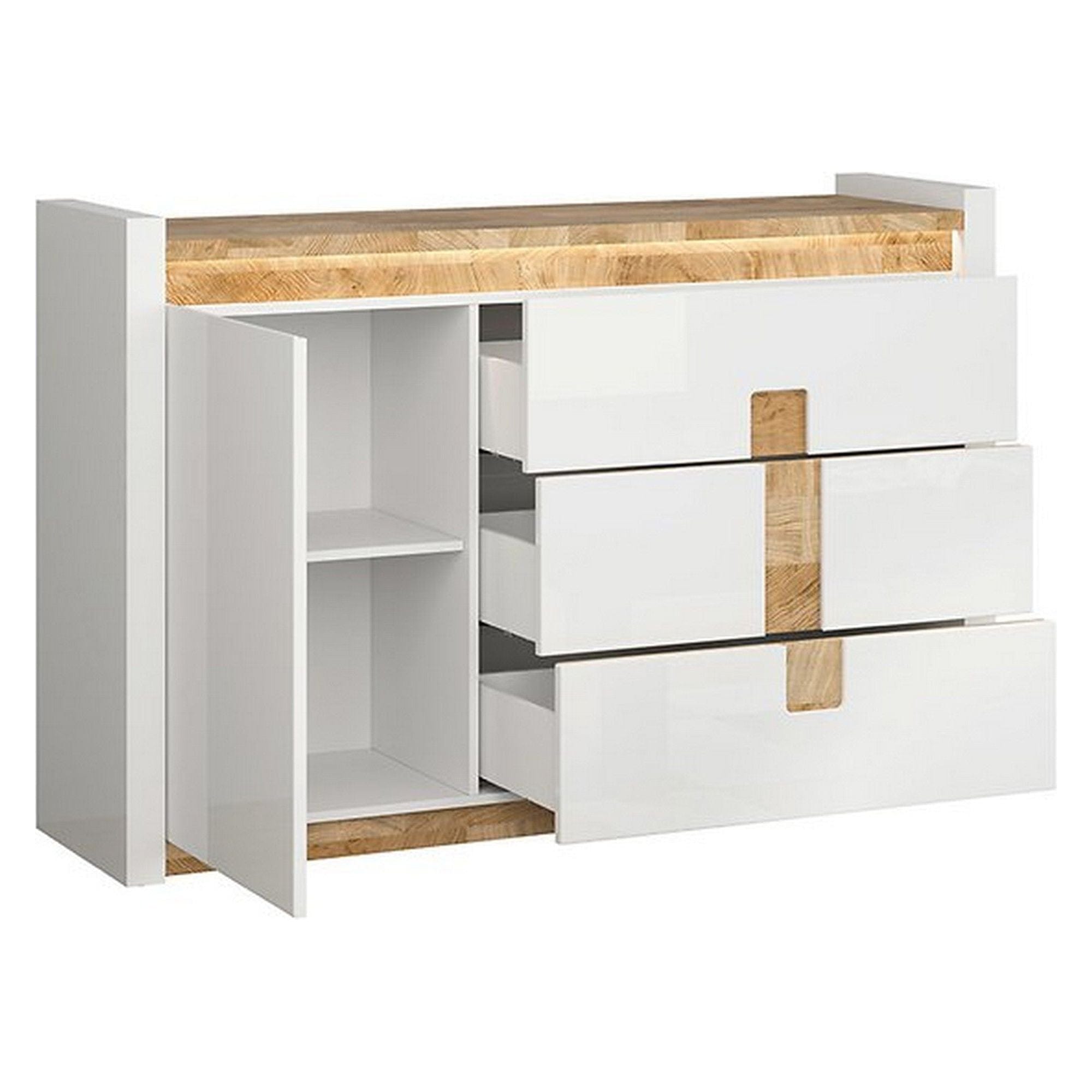 Comoda ALAMEDA, alb lucios/stejar, PAL, 147x41x97 cm
