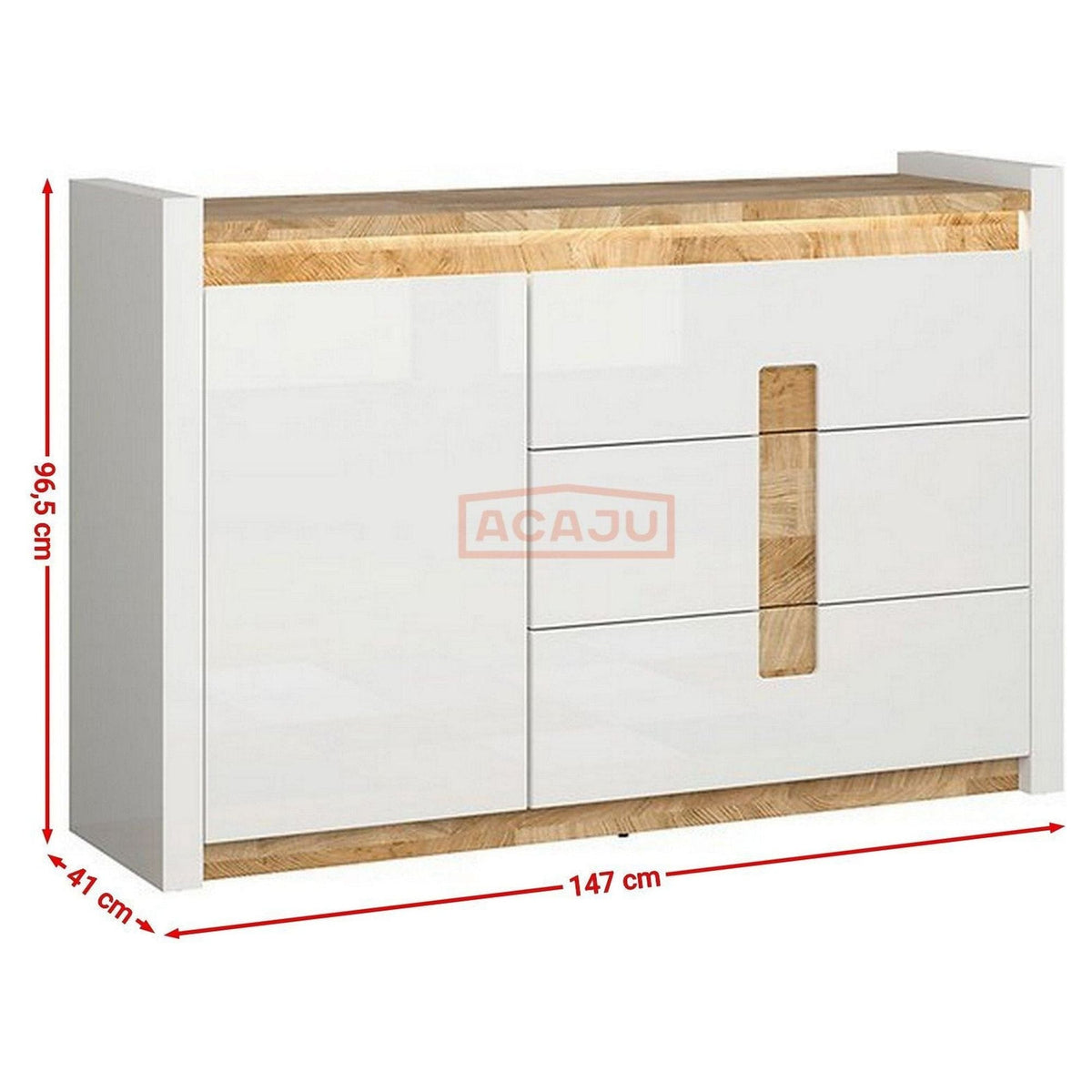 Comoda ALAMEDA, alb lucios/stejar, PAL, 147x41x97 cm