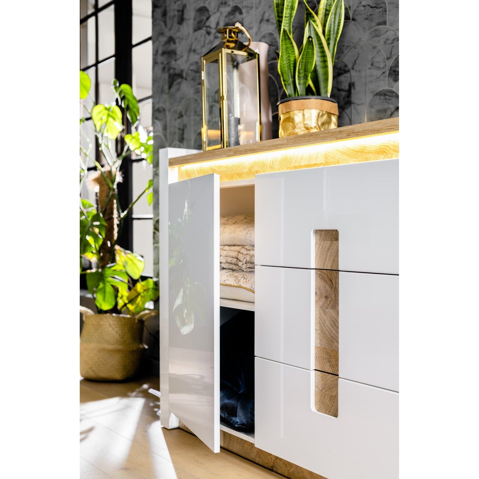 Comoda ALAMEDA, alb/stejar, PAL, 172x41x97 cm