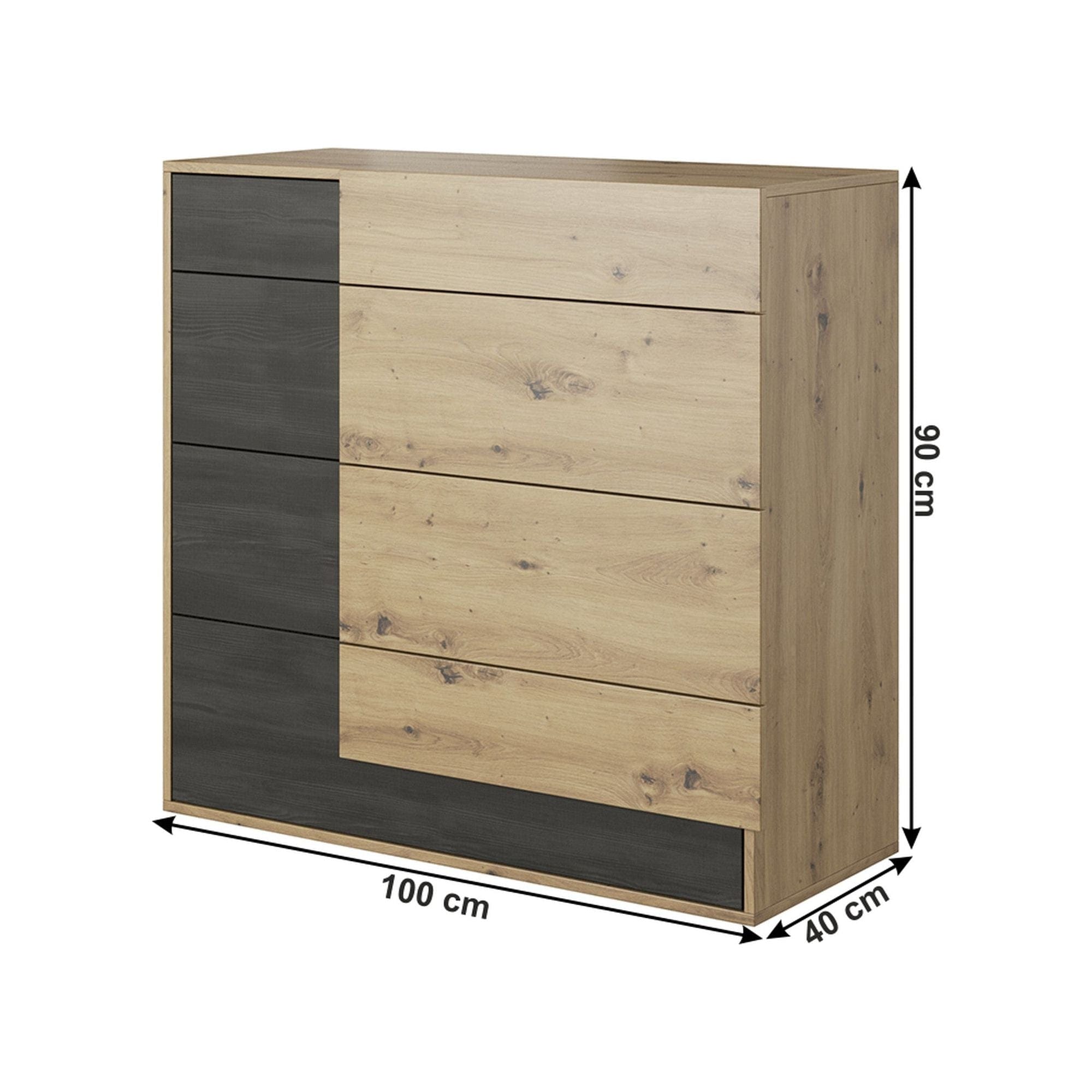 Comoda BAFRA, stejar artisan/pin negru, PAL laminat, 100x40x90 cm