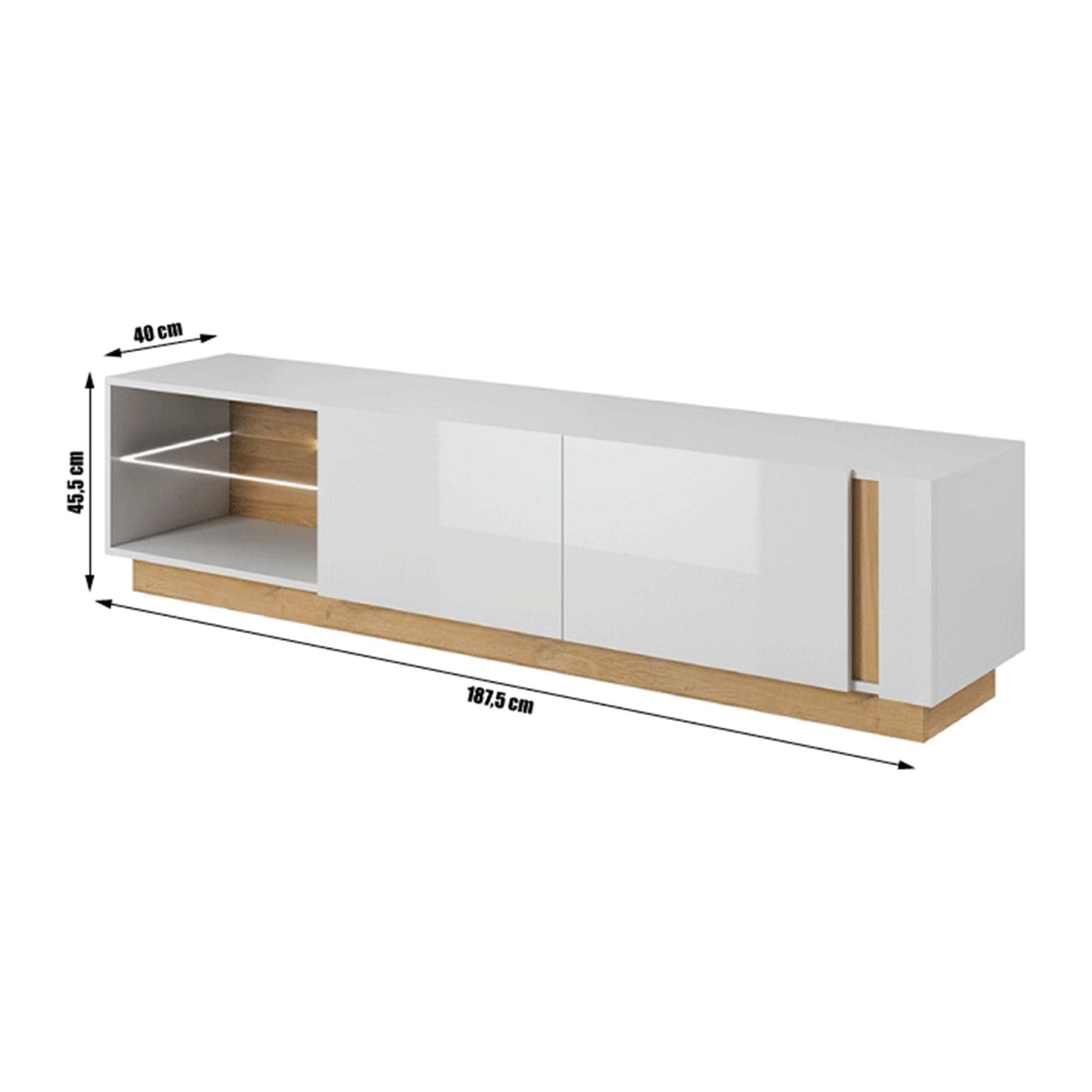 Comoda CITY RTV, stejar grandson/alb lucios, PAL melaminat/sticla, cu iluminare LED, 188x40x46 cm