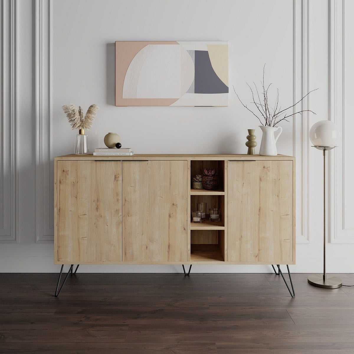 Comoda Clara-Oak, stejar/negru, PAL melaminat/metal, 142x36x83 cm