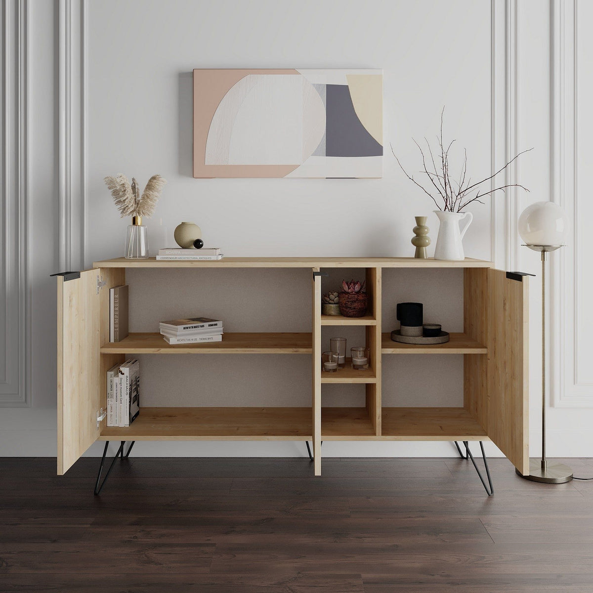 Comoda Clara-Oak, stejar/negru, PAL melaminat/metal, 142x36x83 cm
