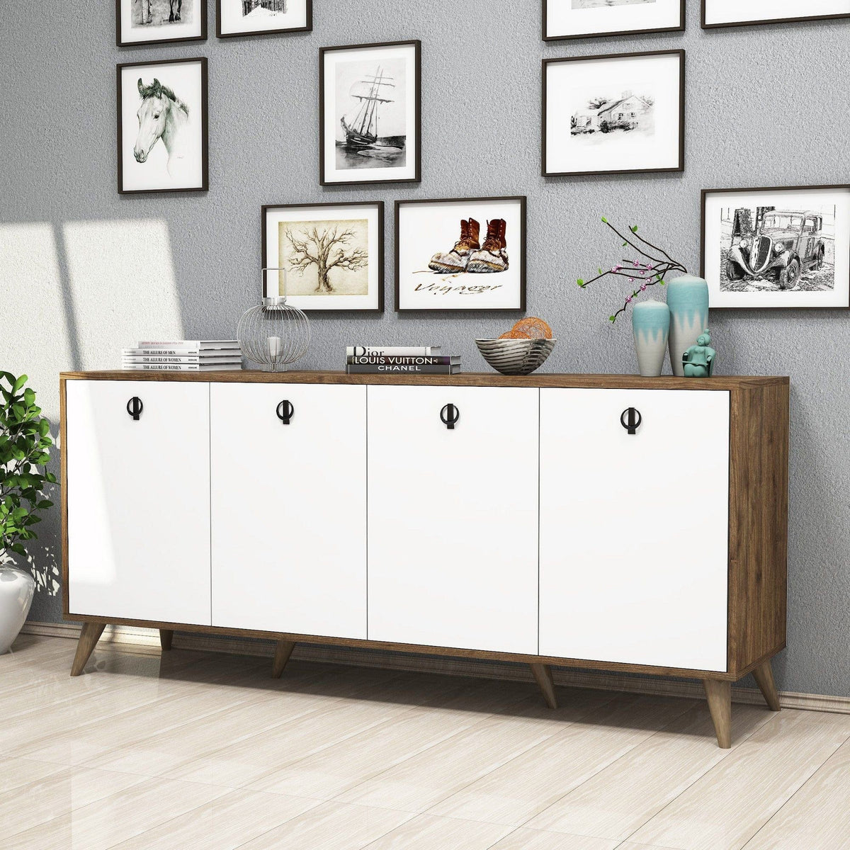 Comoda ELITE 1612, alb/stejar inchis, PAL melaminat, 180x45x80 cm