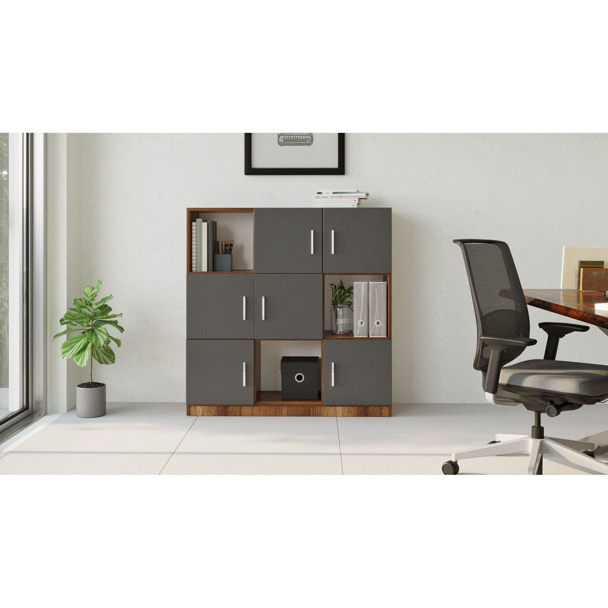 Comoda inalta VO7 - BA, gri/nuc, PAL melaminat, 120x38x122 cm