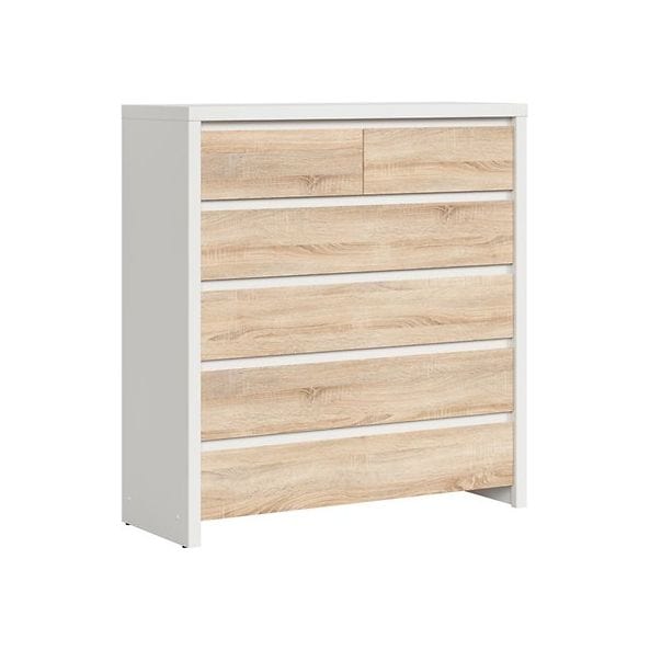 Comoda KASPIAN KOM6S, alb mat/stejar sonoma, PAL melaminat, 105x41x112 cm