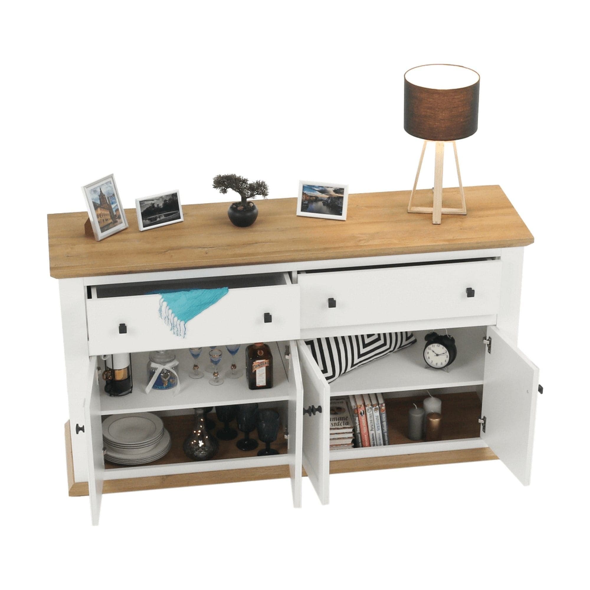 Comoda LEON MZ10, alb/stejar grand, DTD laminat, 160x45x87 cm