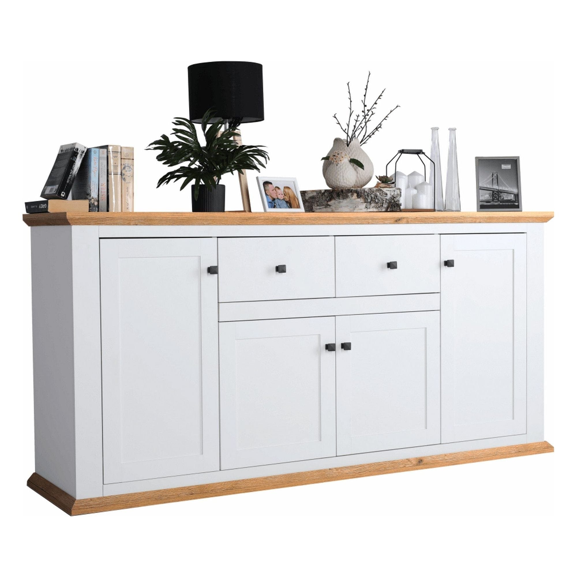 Comoda LEON MZ9, alb, stejar grand, PAL laminat/metal, 180x45x87 cm