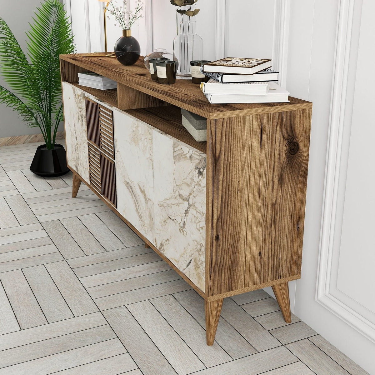 Comoda Milan, alb cu efect de marmura/nuc, PAL melaminat, 160x35x78 cm