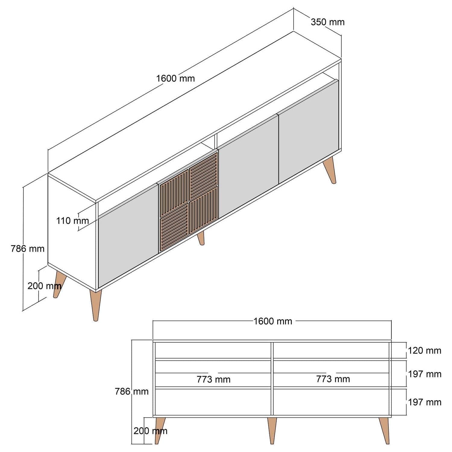 Comoda Milan, alb cu efect de marmura/nuc, PAL melaminat, 160x35x78 cm