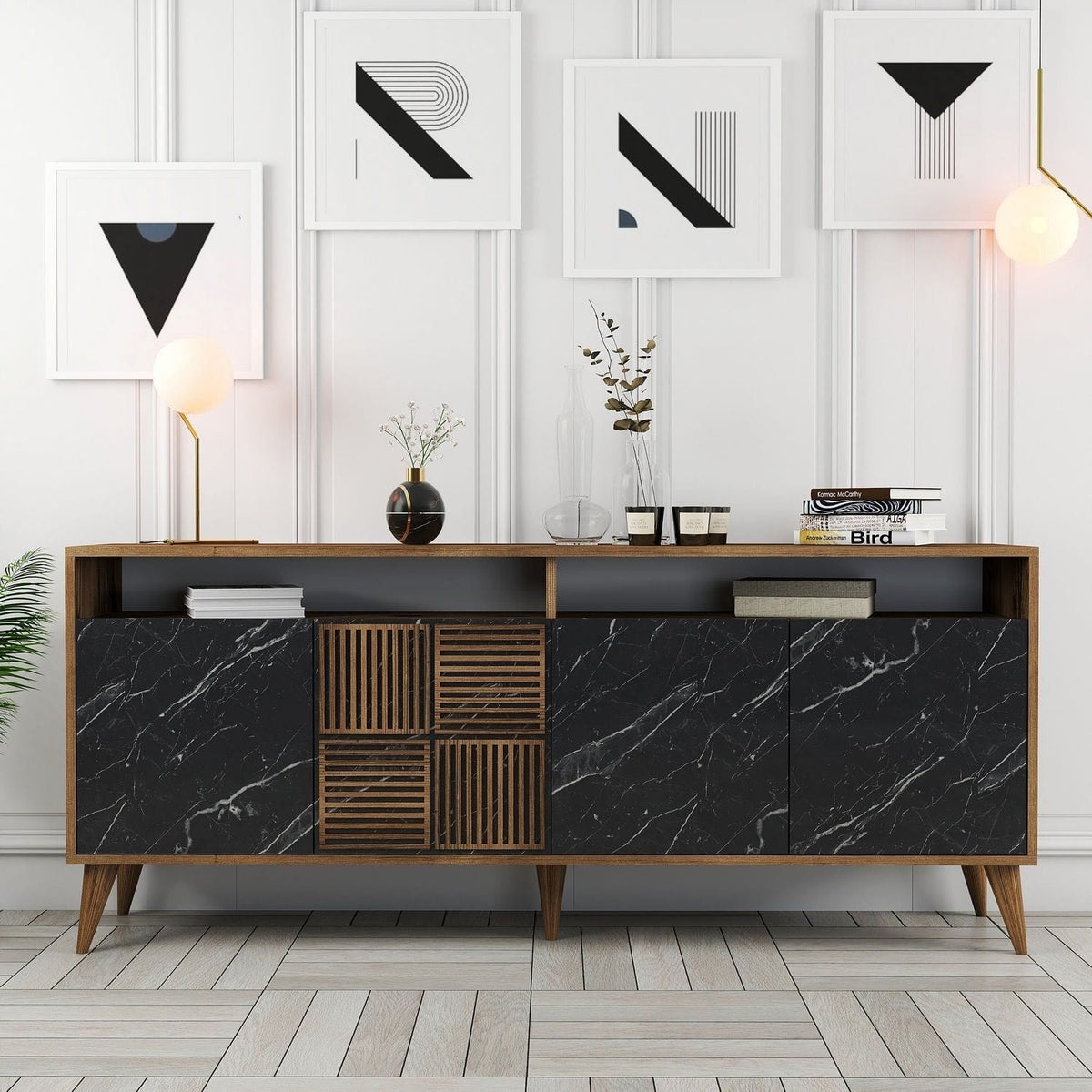 Comoda Milan, nuc/negru, PAL melaminat/plastic, 180x35x79 cm