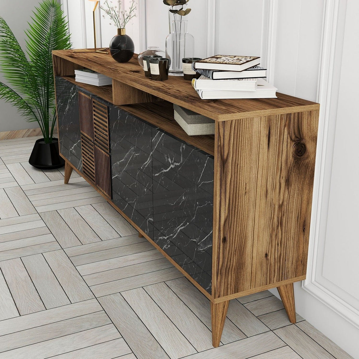 Comoda Milan, nuc/negru, PAL melaminat/plastic, 180x35x79 cm