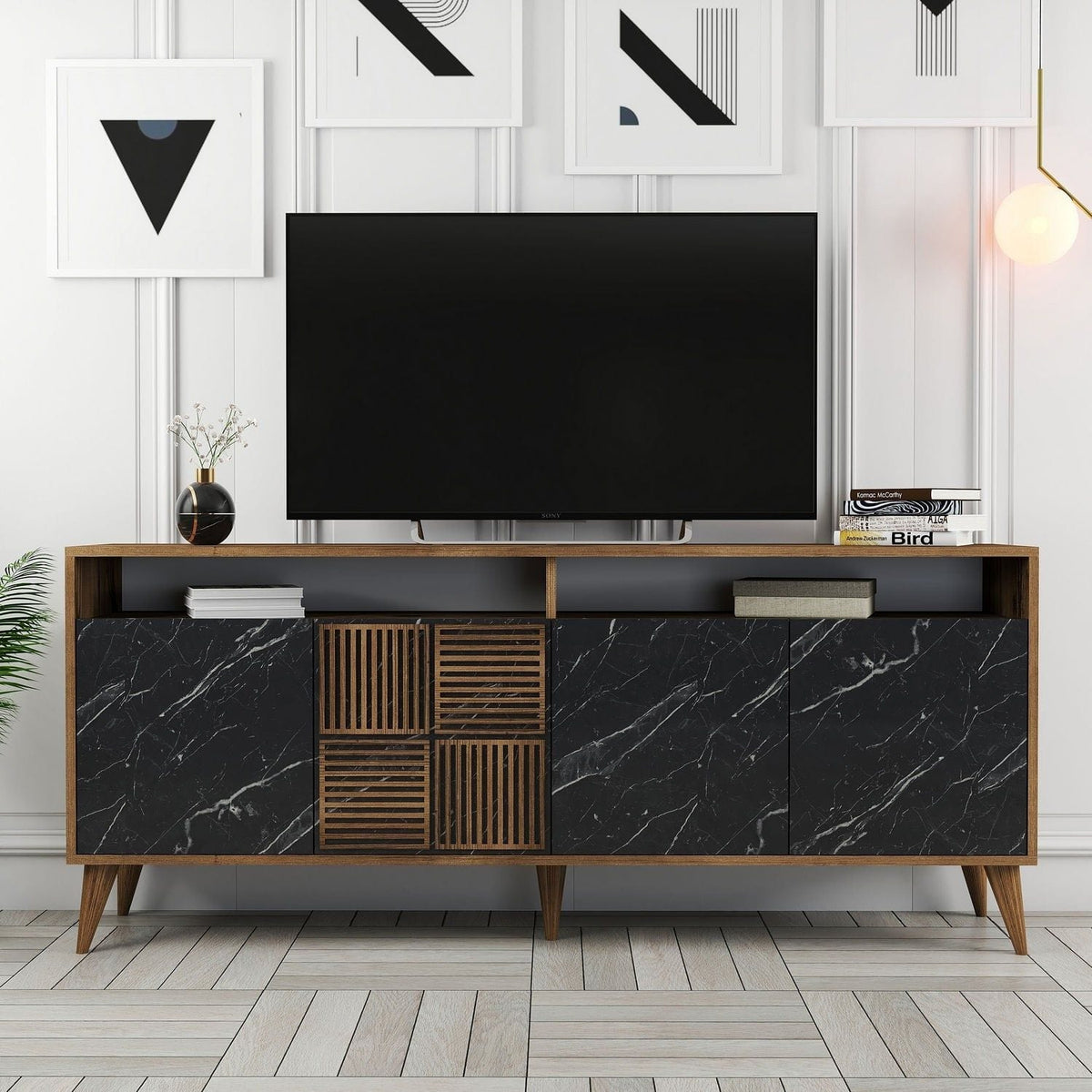 Comoda Milan, nuc/negru, PAL melaminat/plastic, 180x35x79 cm