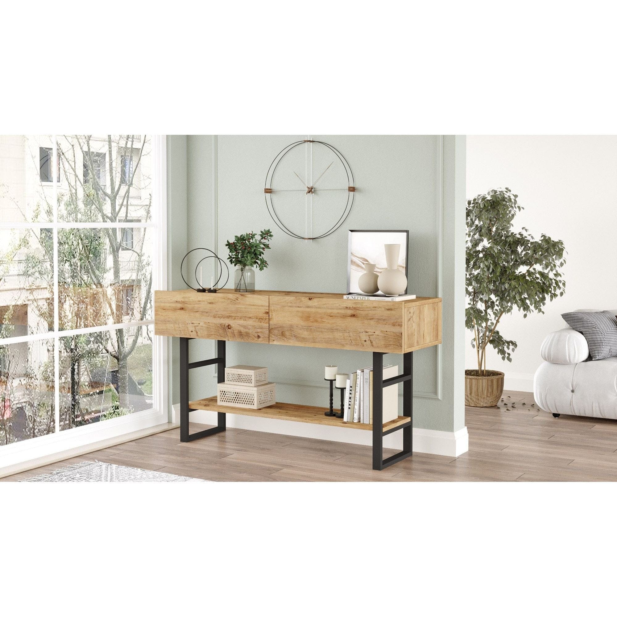 Comoda ML23-A, stejar/negru, PAL melaminat/metal, 139x43x76 cm