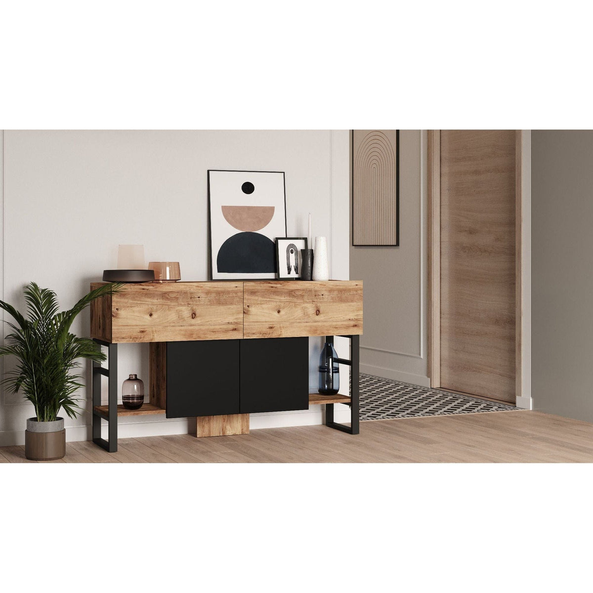 Comoda ML25 - A, pin atlantic/negru, PAL melaminat/metal, 139x43x84 cm