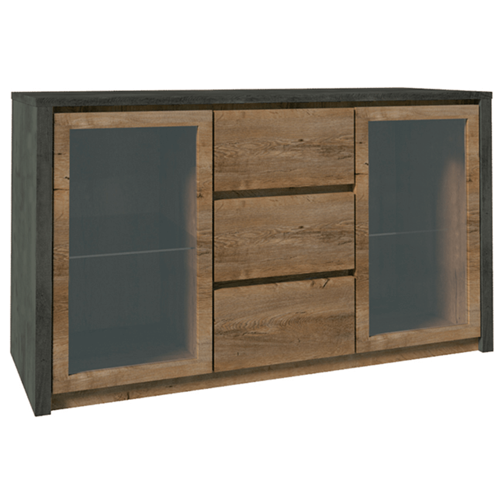 Comoda MONTANA K2D, stejar lefkas inchis/gri, PAL melaminat, 140x43x80 cm