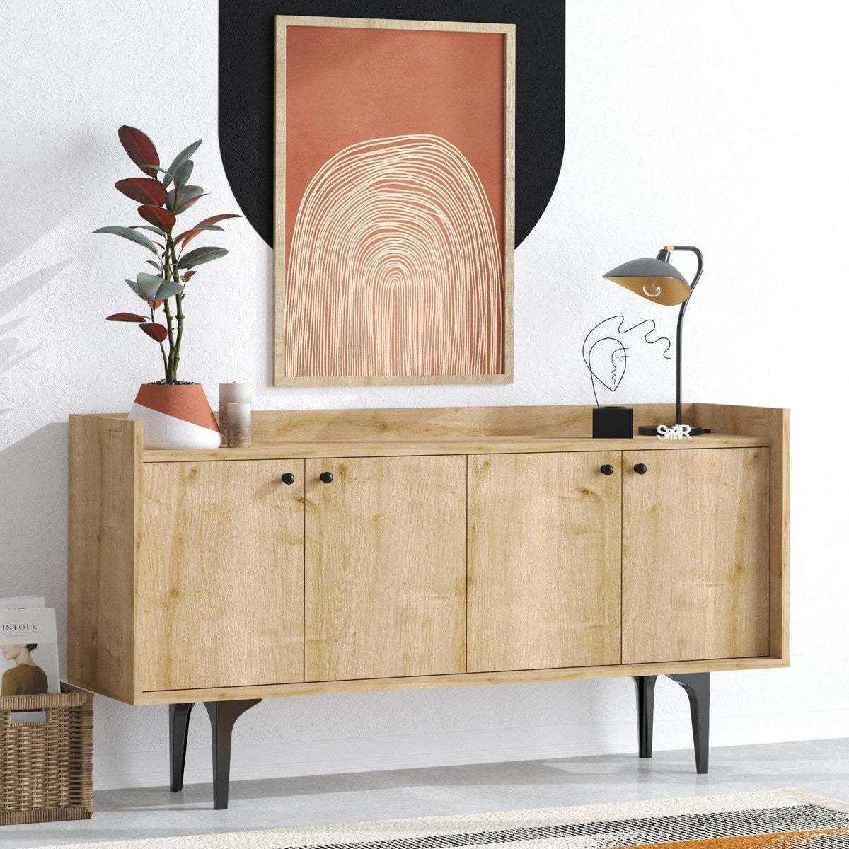 Comoda NAVI, stejar/negru, PAL melaminat/metal, 150x40x80 cm