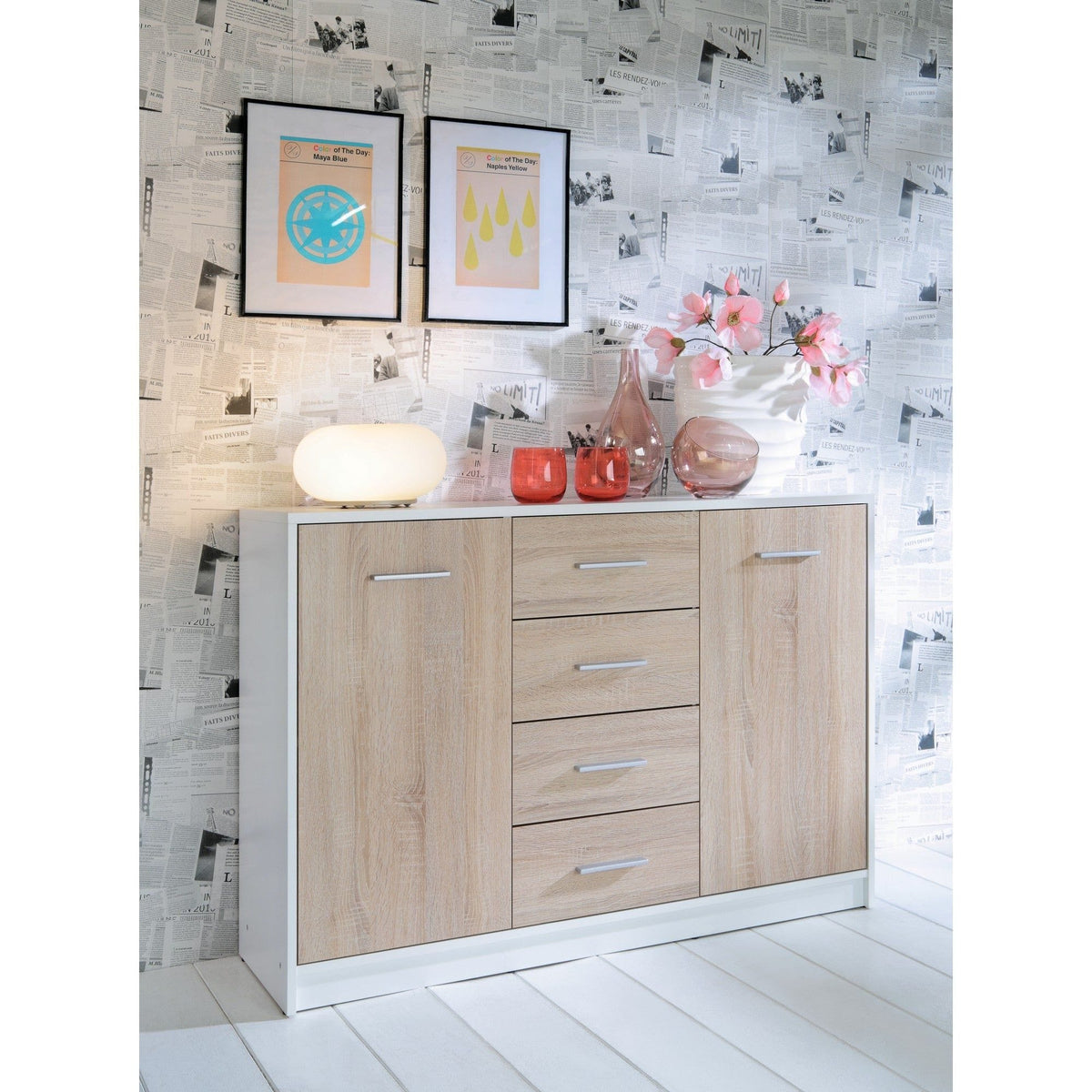 Comoda NEPO PLUS, stejar sonoma/alb, PAL, 119x34x84 cm