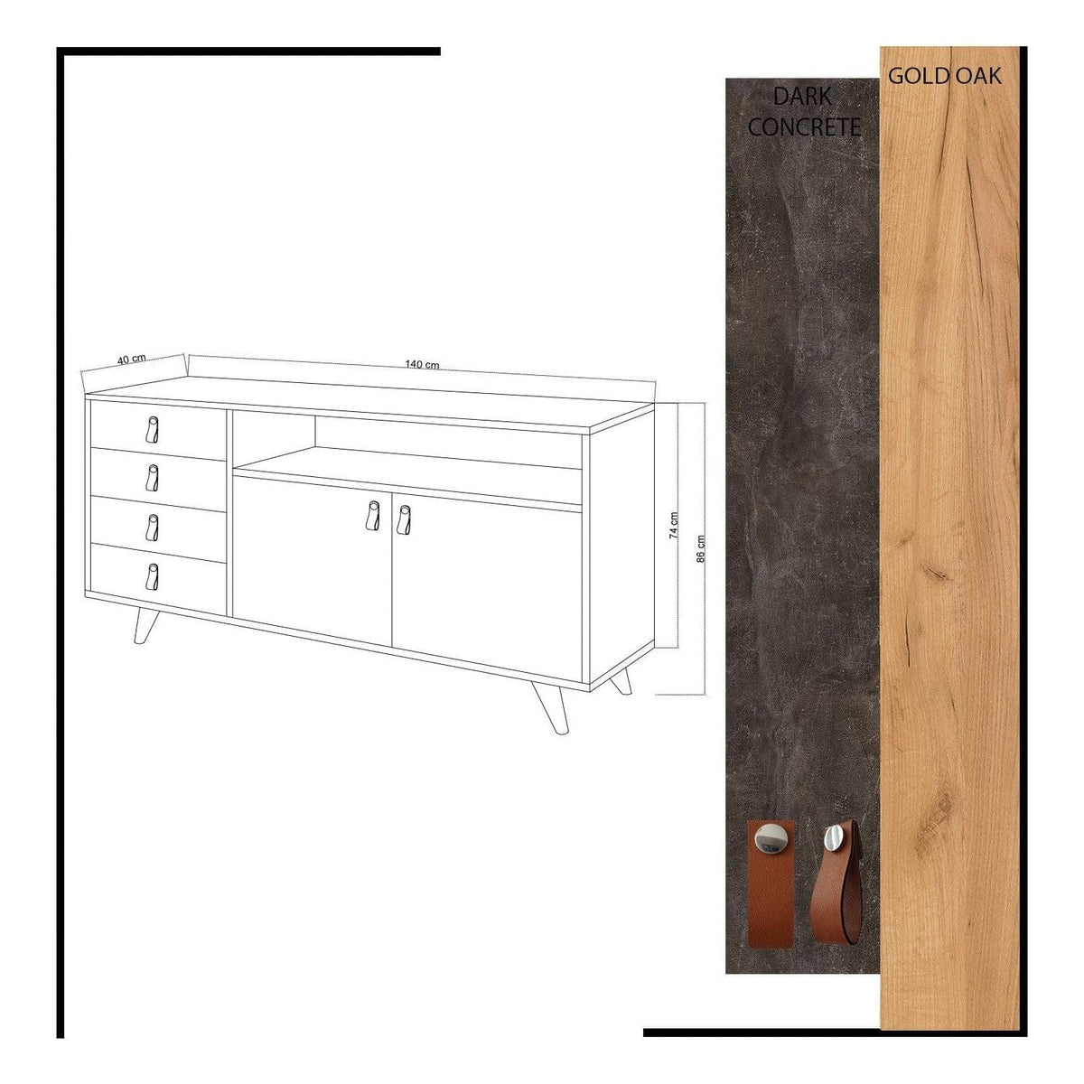 Comoda Pagina, stejar/gri ciment inchis, PAL melaminat, 140x40x86 cm